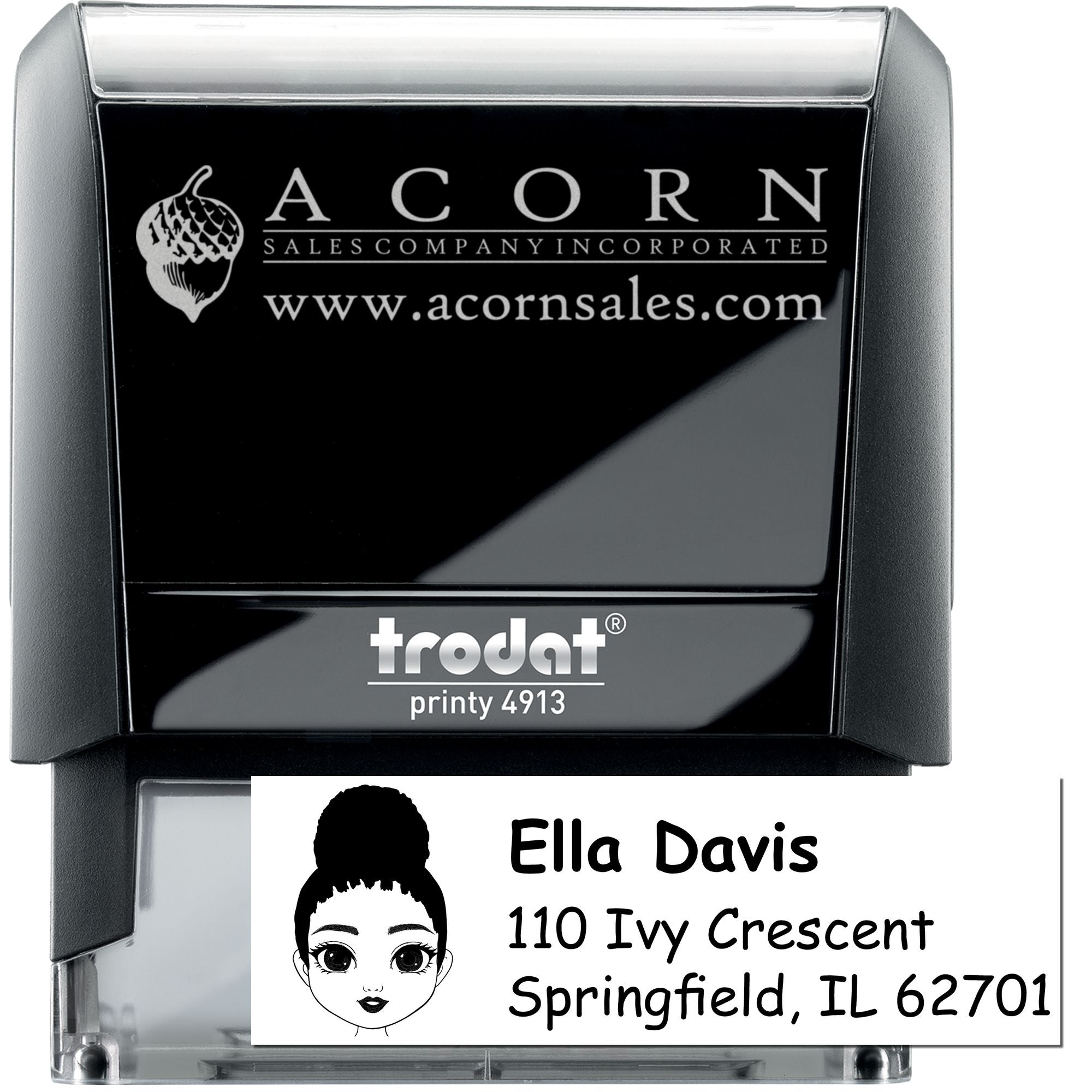 Custom self-inking rubber address stamp, Trodat Printy 4913, with company logo and personalized return address.