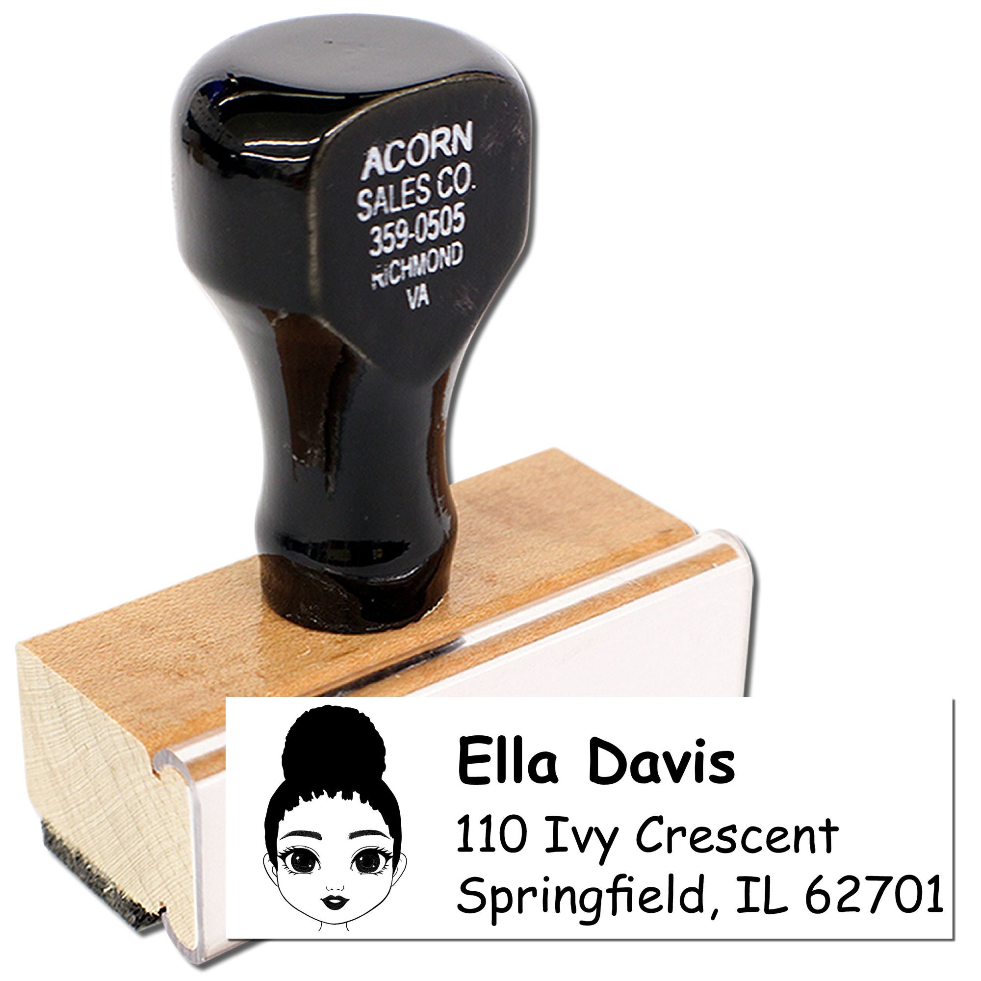 Custom rubber address stamp with name, address and logo for personalized business or return mail.