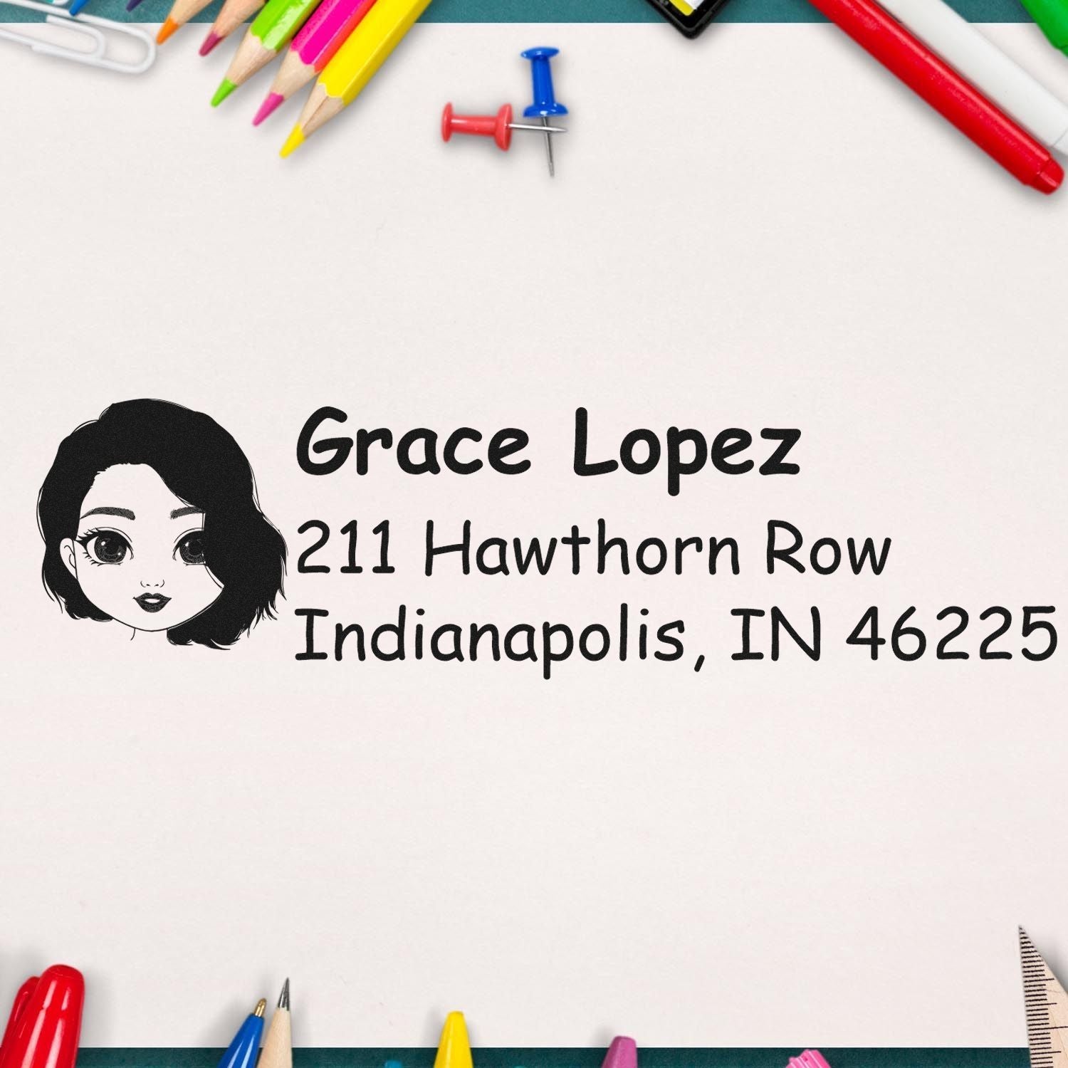 Custom return address rubber stamp with illustrated girl design for Grace Lopez, Indianapolis, IN 46225.