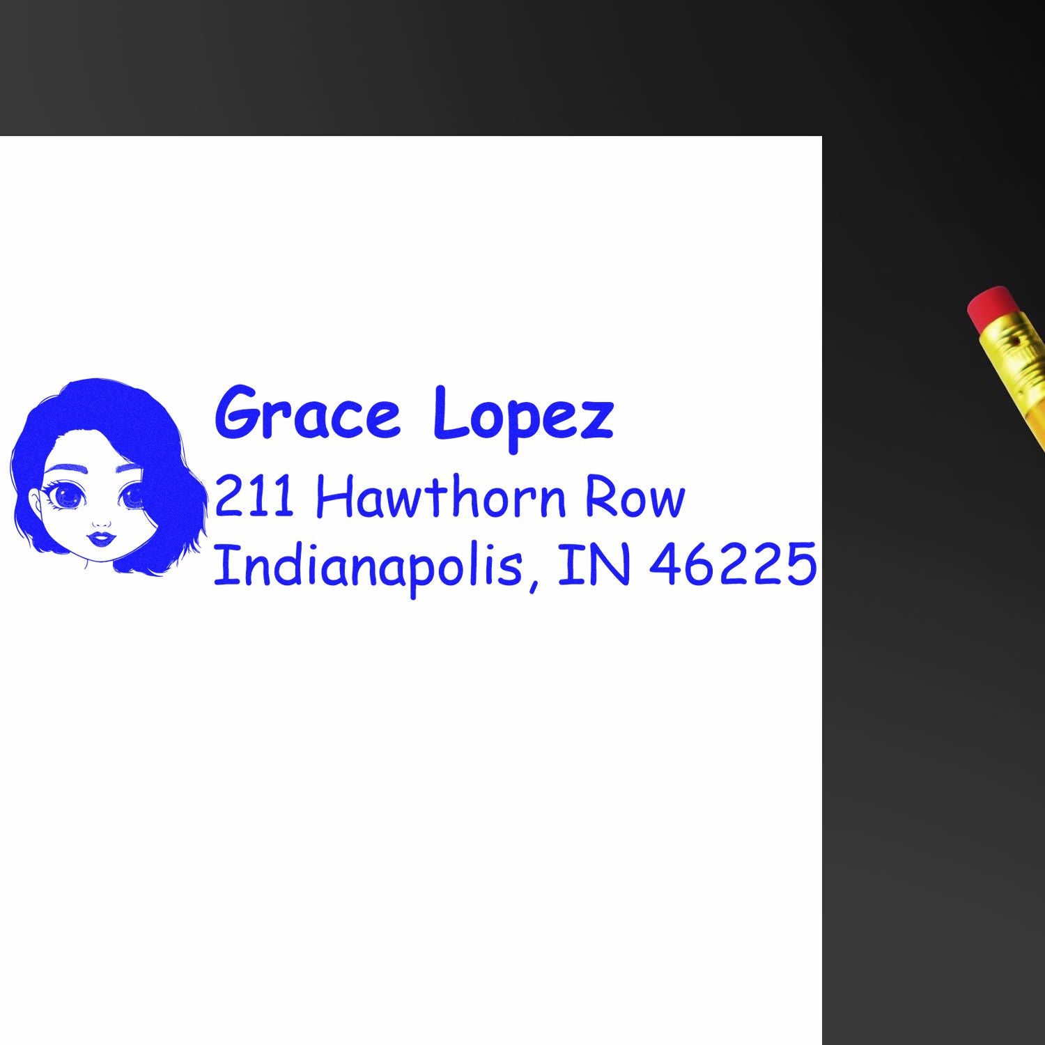 Personalized address rubber stamp for Grace Lopez, with illustrated portrait and Indianapolis, IN 46225.