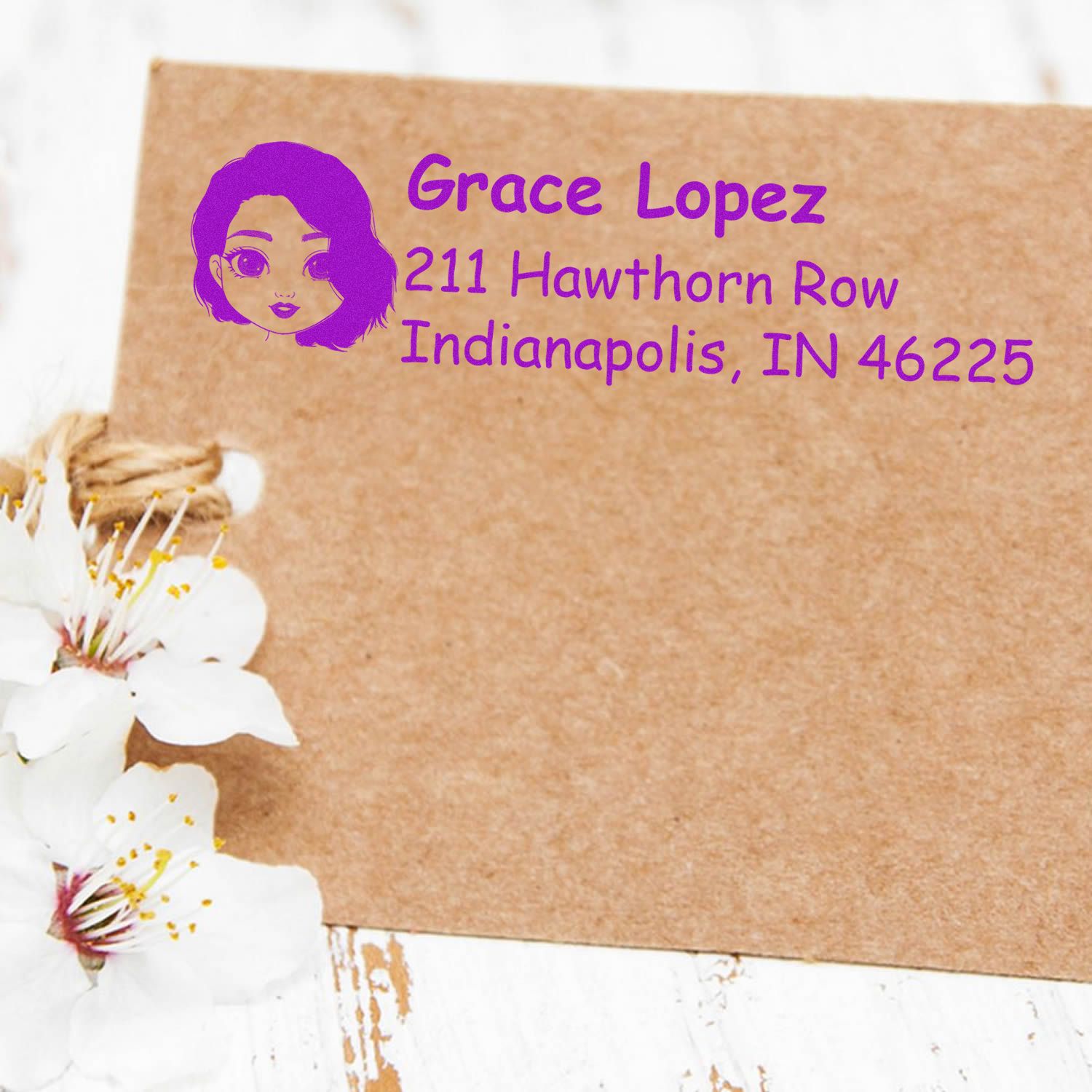 Personalized return address rubber stamp for Grace Lopez, Indianapolis, IN 46225, with purple portrait icon.