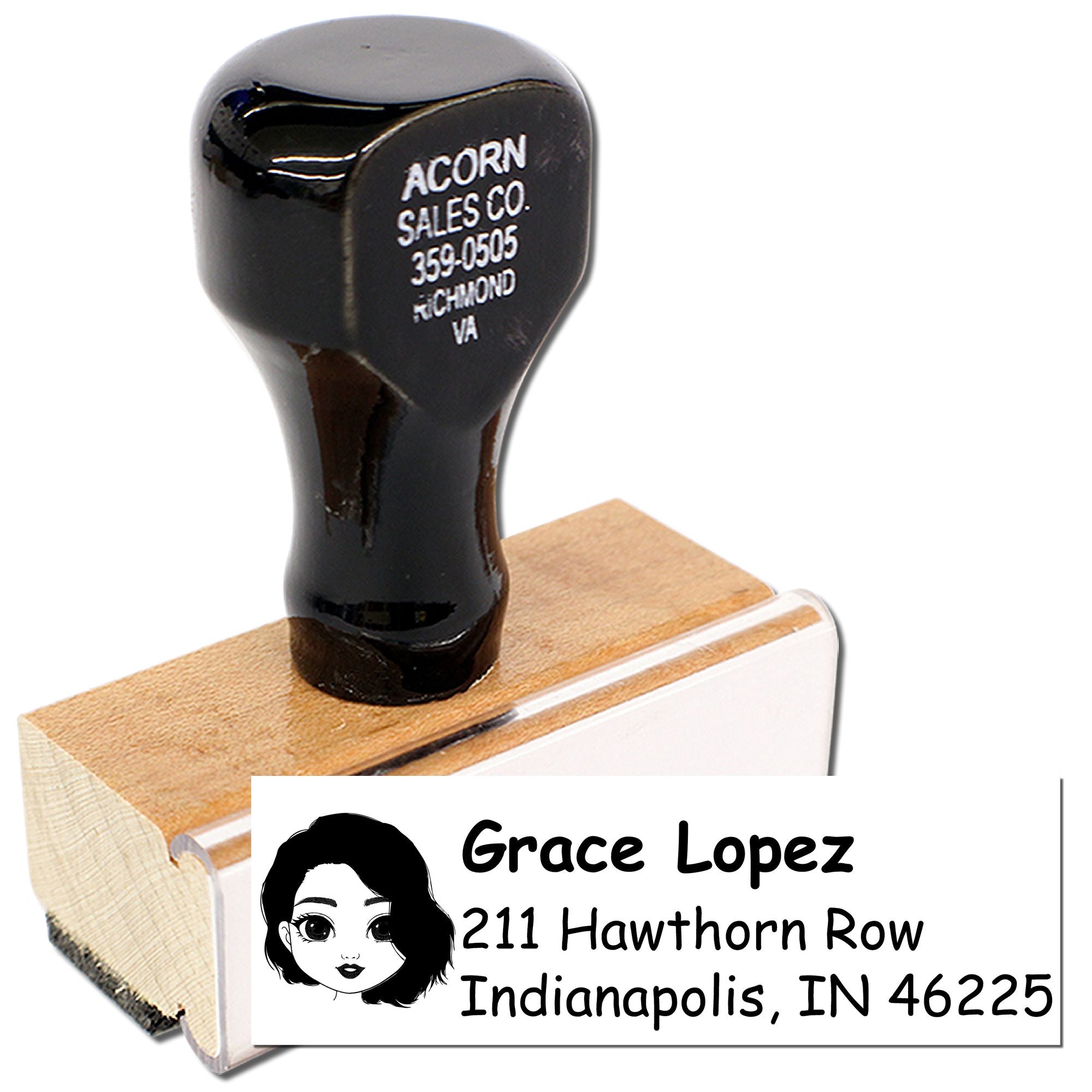 Custom self-inking return address rubber stamp with personalized name and address imprint sample.