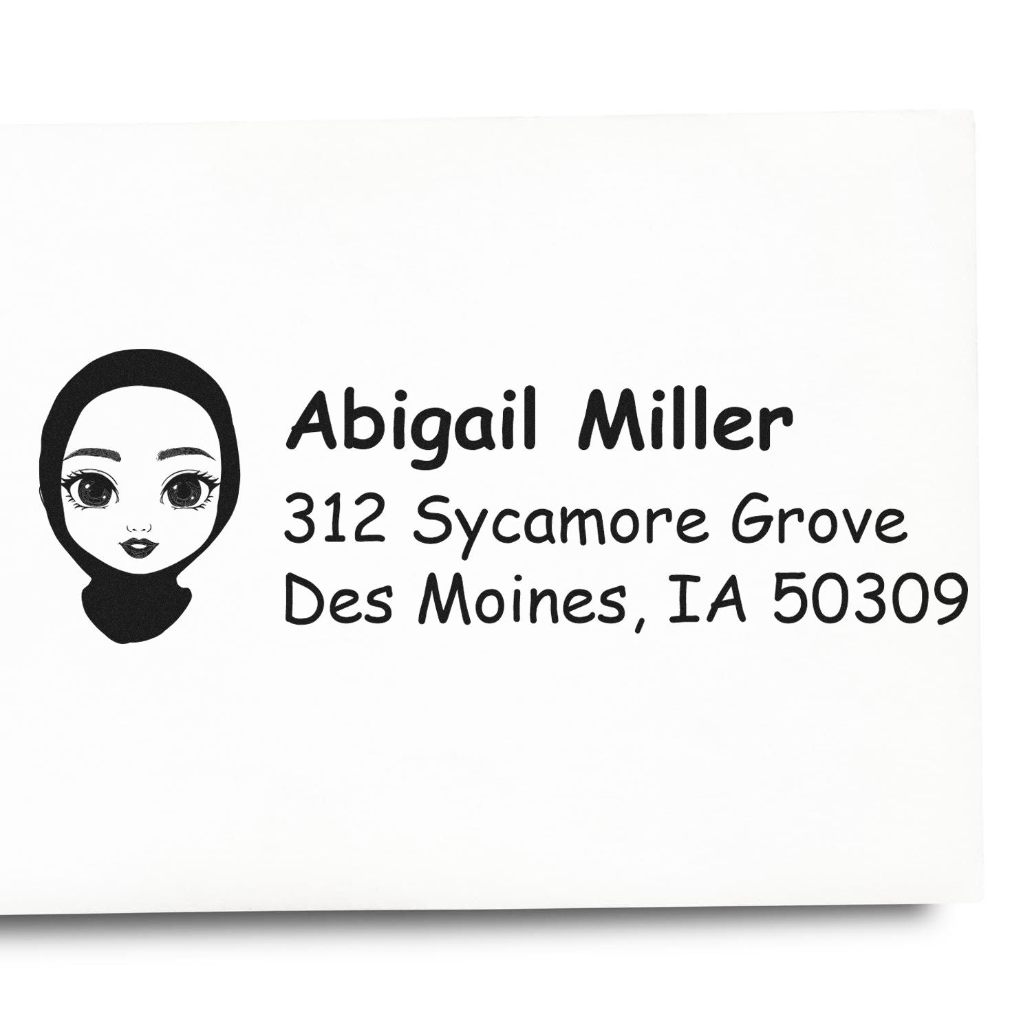 Custom address rubber stamp with name and mailing address, featuring a female icon for personalized mailings.
