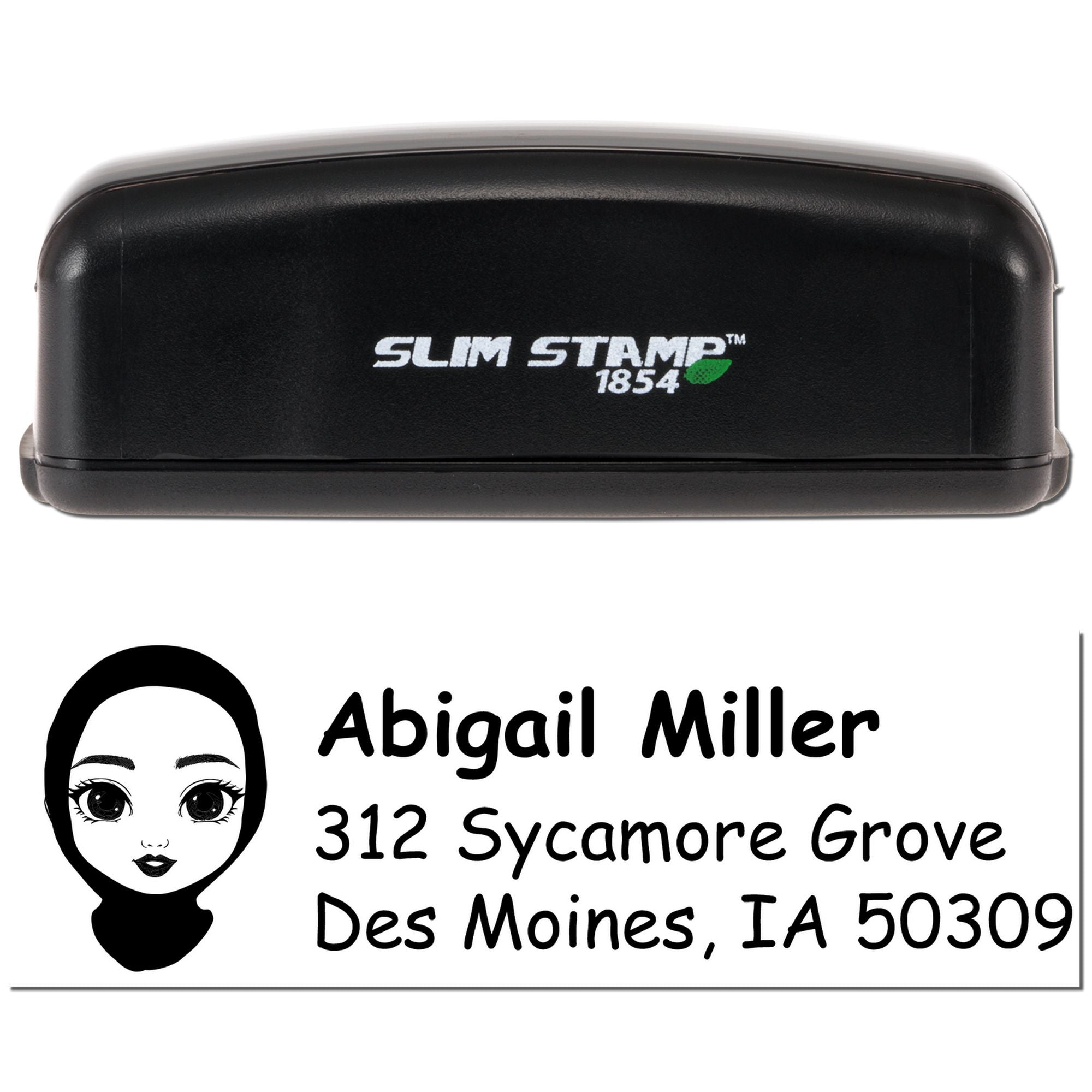 Custom Slim Stamp self-inking rubber address stamp with name, address and portrait icon for mailing labels.
