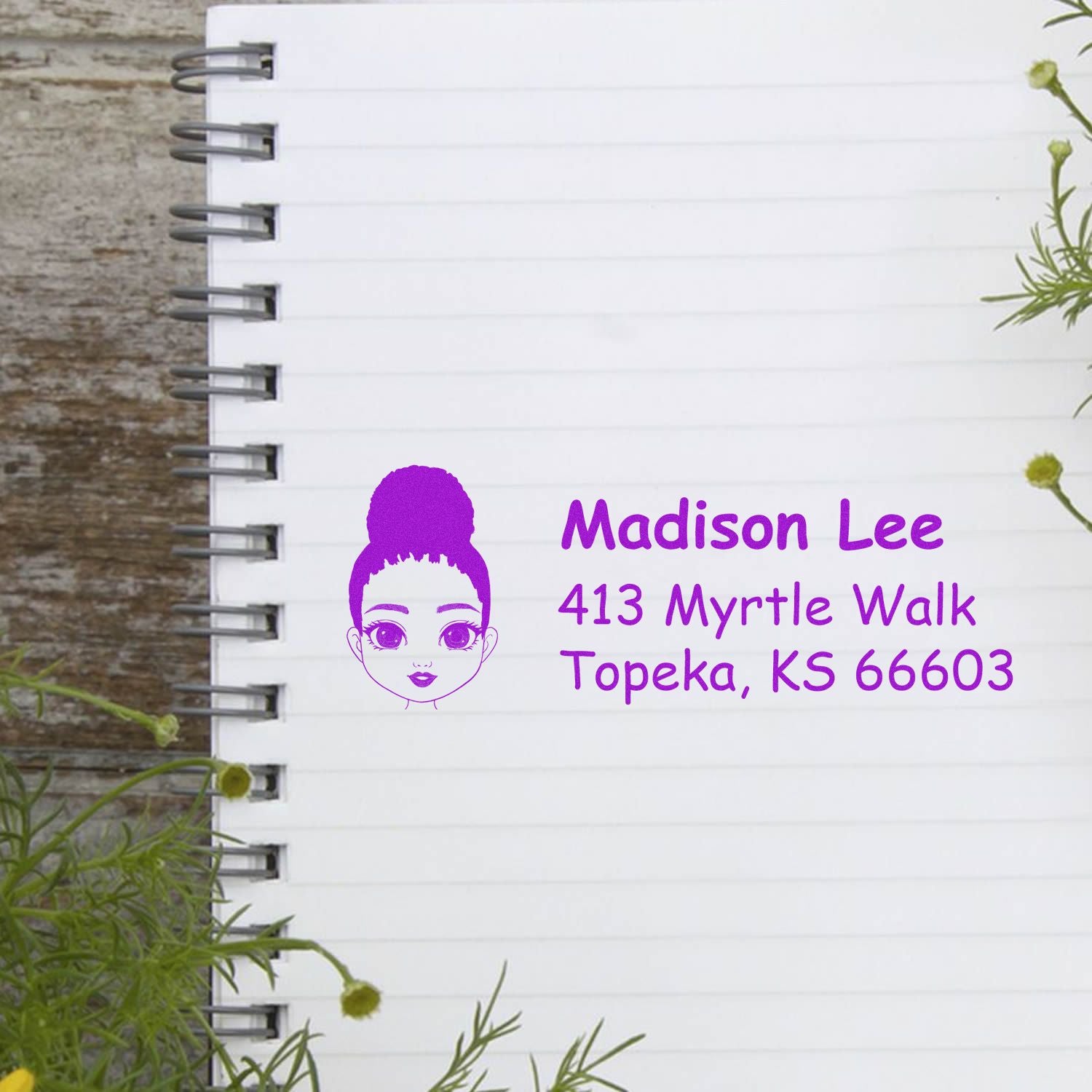 Custom return address rubber stamp with girl portrait for Madison Lee, 413 Myrtle Walk, Topeka, KS 66603.