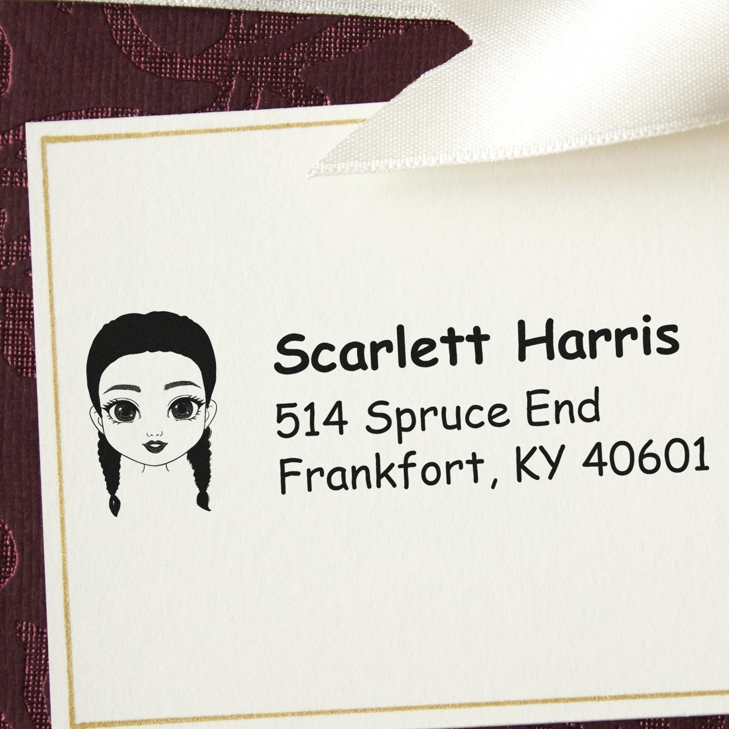 Custom return address rubber stamp with cartoon girl, name, street address, and Frankfort, KY mailing details