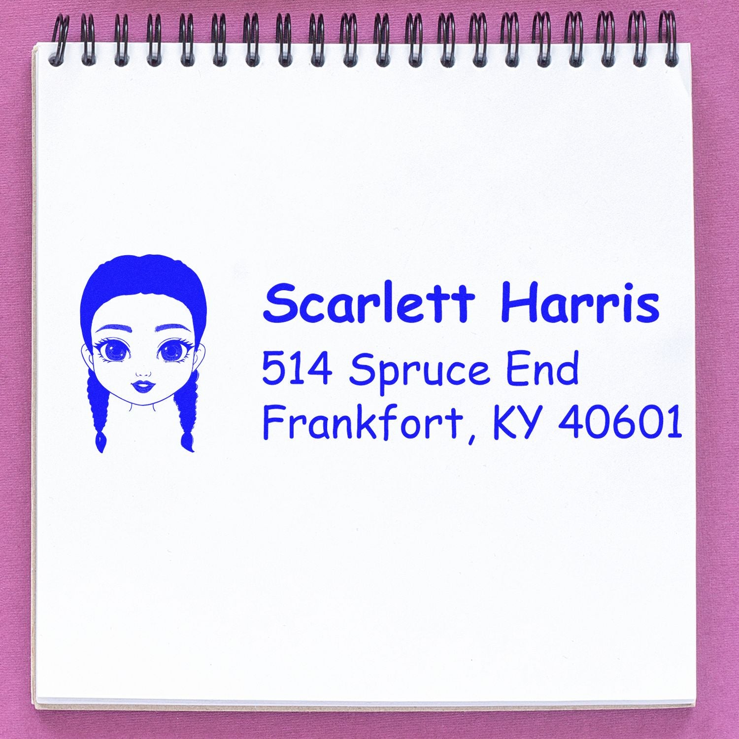 Custom rubber return address stamp with girl illustration for Scarlett Harris, Frankfort, KY 40601.