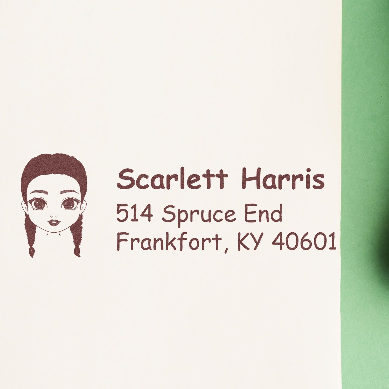 Custom return address rubber stamp with girl illustration for mailing envelopes, personalized with name and address.