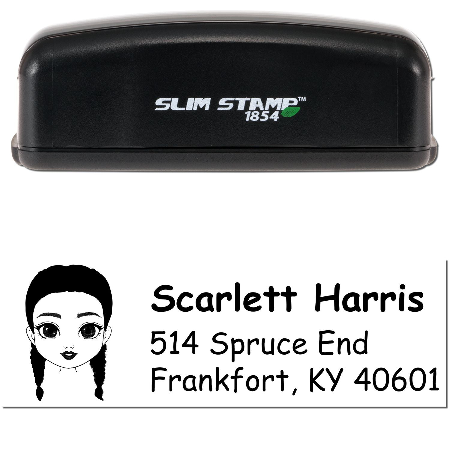 Slim Stamp 1854 custom address rubber stamp featuring girl illustration, Scarlett Harris name, and Frankfort, KY address.