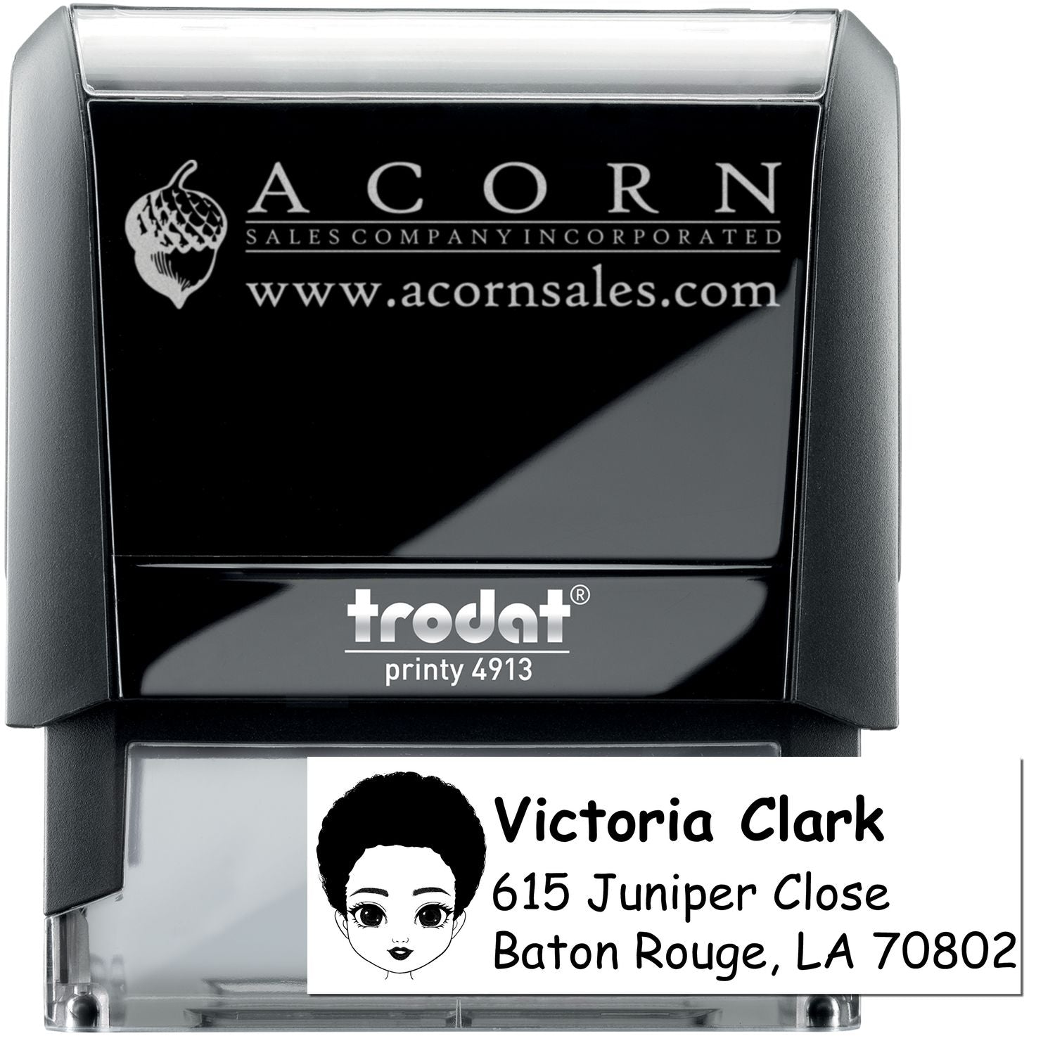 Custom self-inking rubber stamp, Trodat Printy 4913, with Acorn Sales logo and return address for business mailing.
