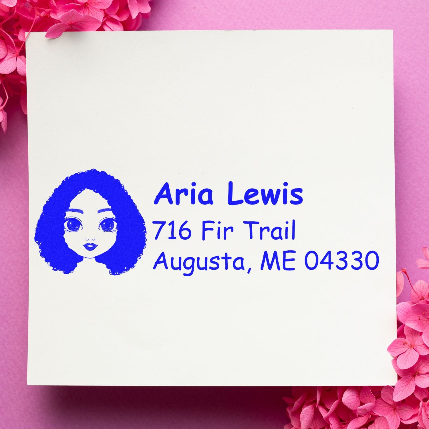 Custom address rubber stamp with girl illustration for Aria Lewis, 716 Fir Trail, Augusta, ME 04330.