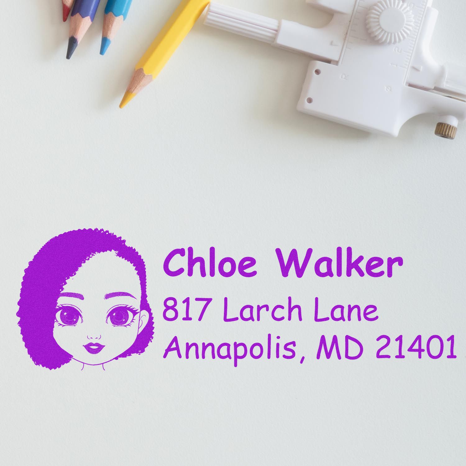 Custom rubber address stamp with girl illustration and purple return address for personalized mailing labels.