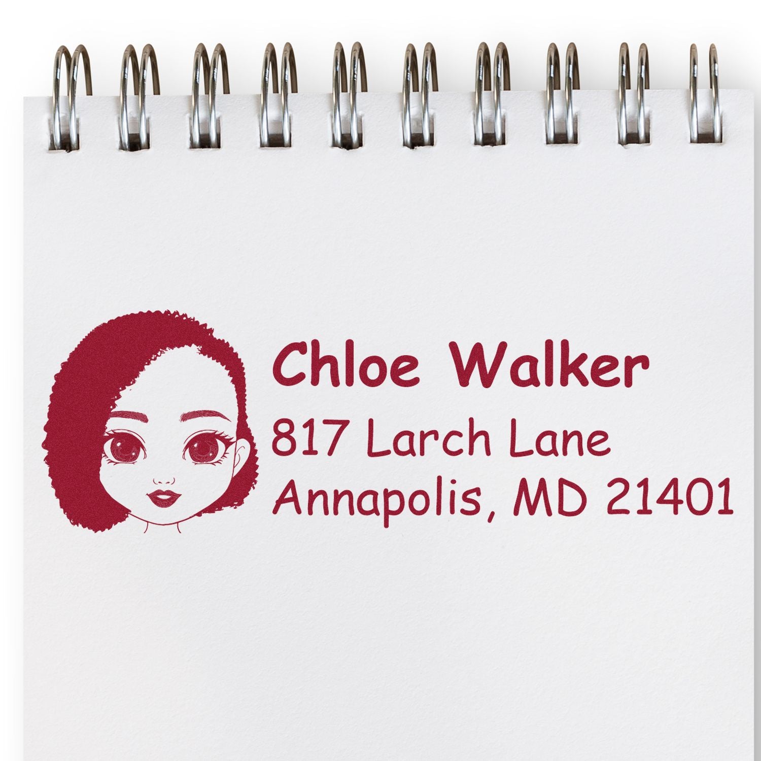 Personalized address rubber stamp impression with portrait icon, name Chloe Walker, and Annapolis, MD address.