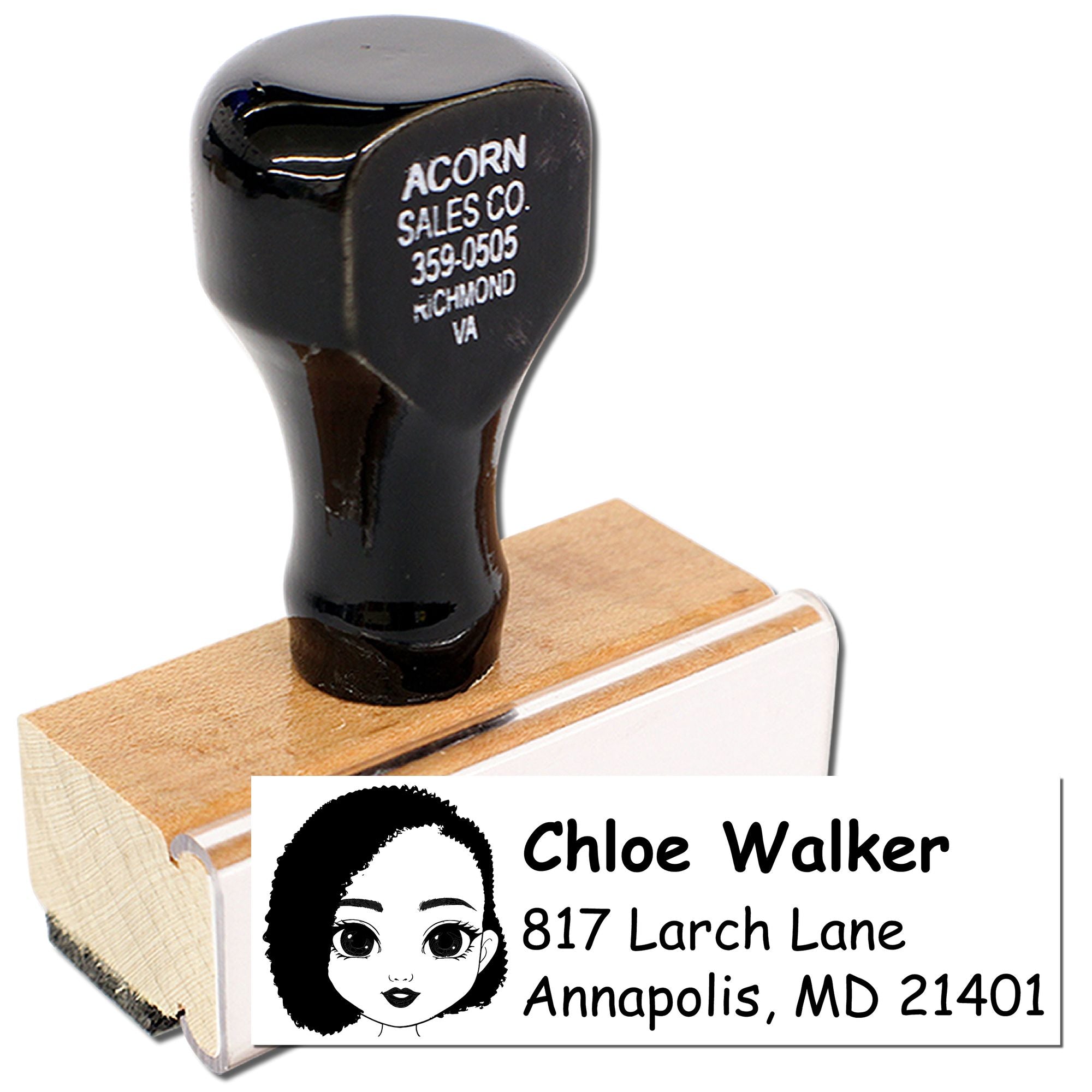 Personalized rubber address stamp for Chloe Walker with custom name and mailing address on a wooden block stamp.