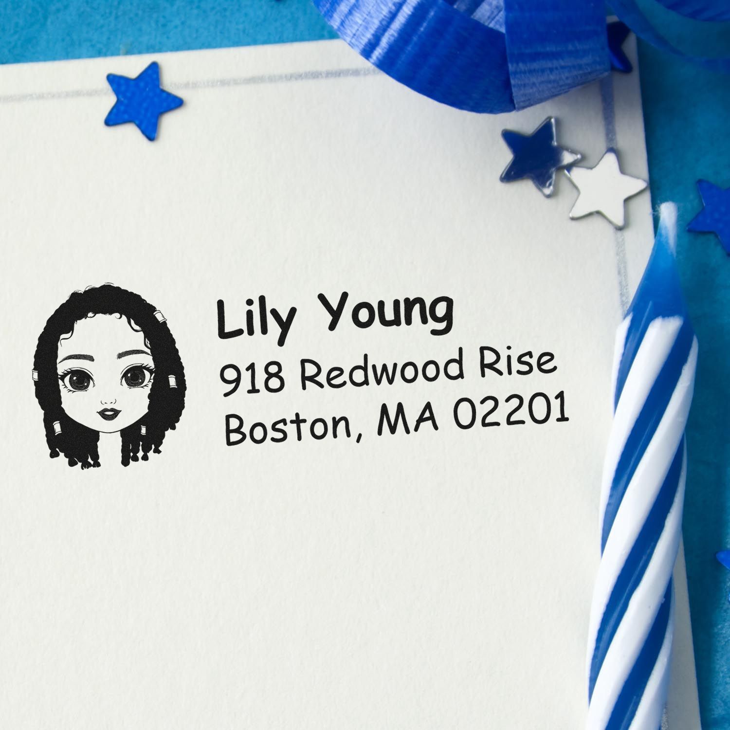 Personalized rubber stamp return address with name, address and avatar for envelopes, stationery and custom mailing labels