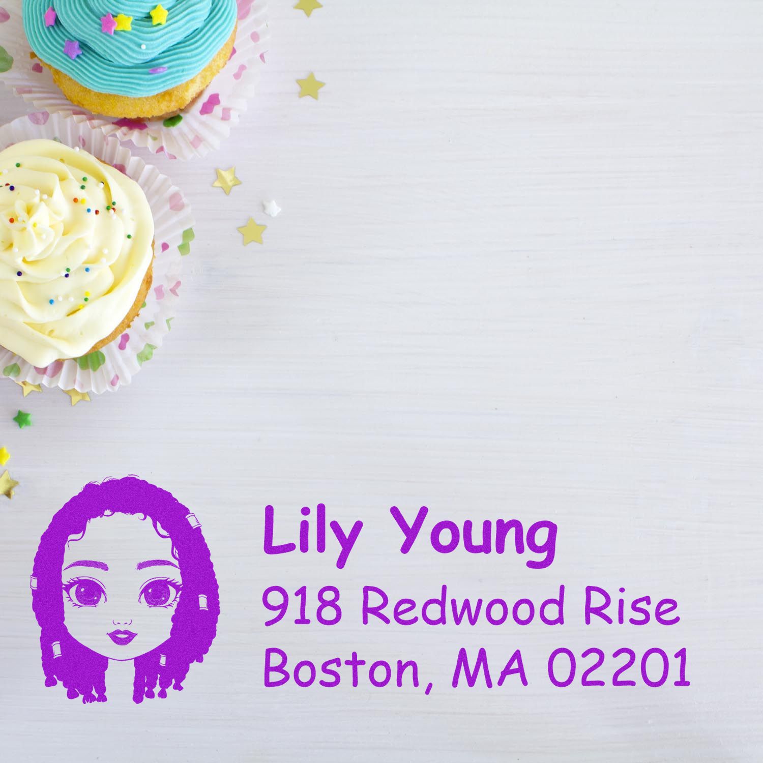 Custom return address rubber stamp with Lily Young Boston, MA address and avatar, displayed with cupcakes and confetti.