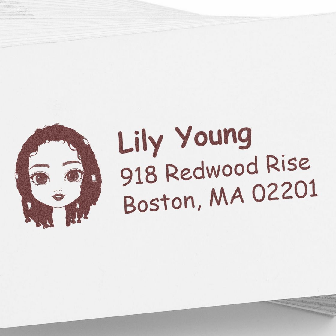 Personalized return address rubber stamp with portrait icon for Lily Young, 918 Redwood Rise, Boston, MA 02201.