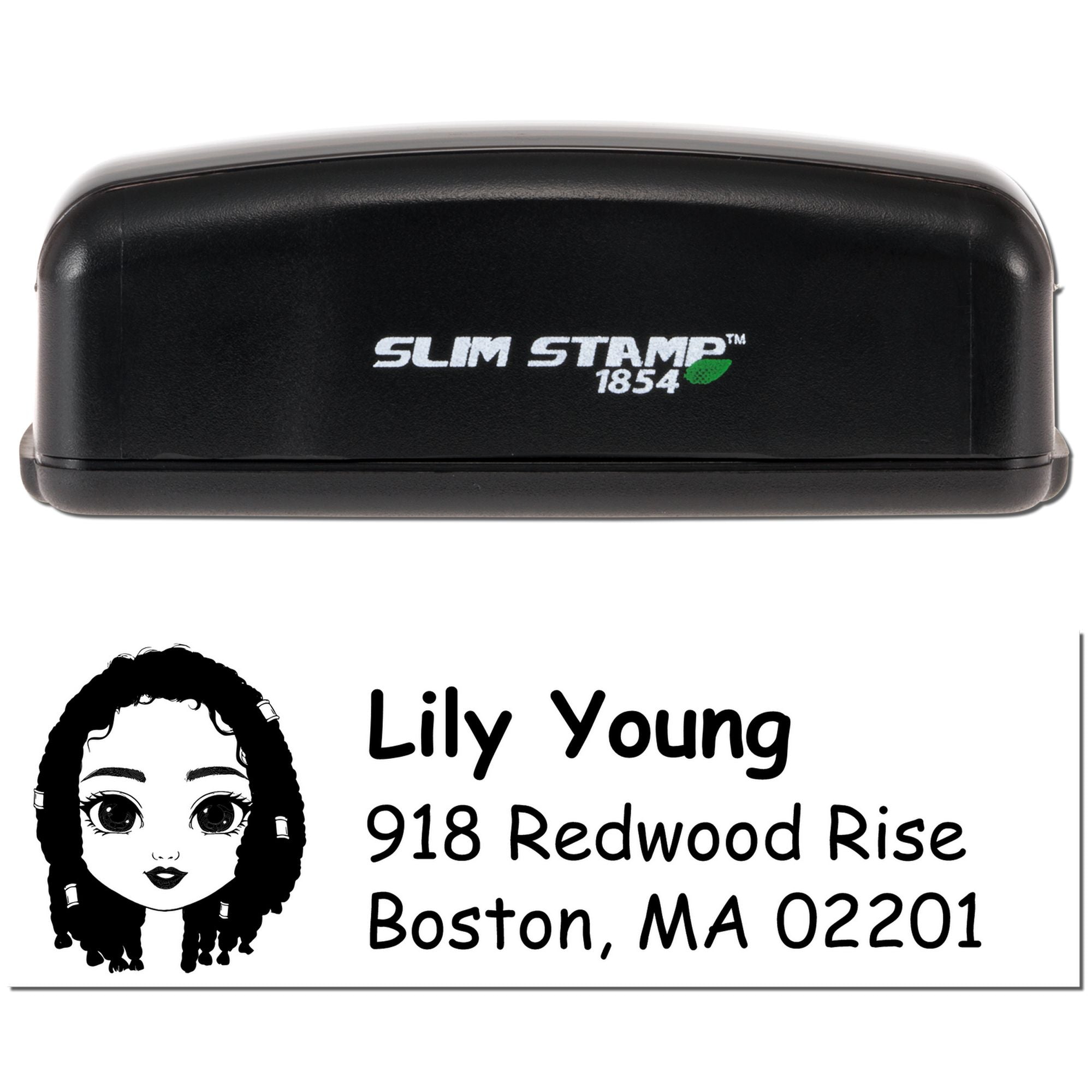 Slim Stamp 1854 custom rubber stamp with personalized return address for Lily Young, Boston MA, ideal for mailing.