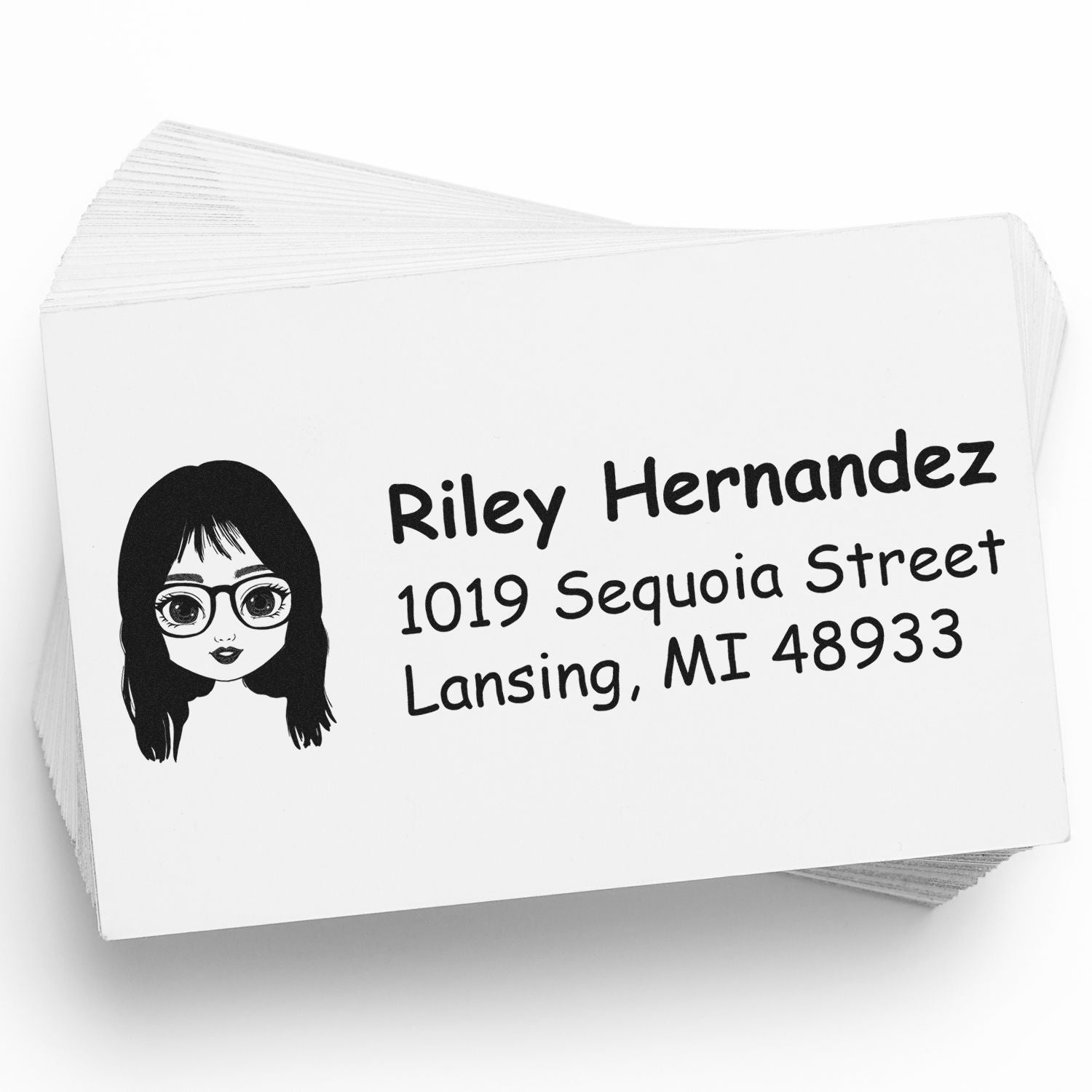 Custom return address rubber stamp with girl illustration for Riley Hernandez, 1019 Sequoia Street, Lansing, MI 48933.