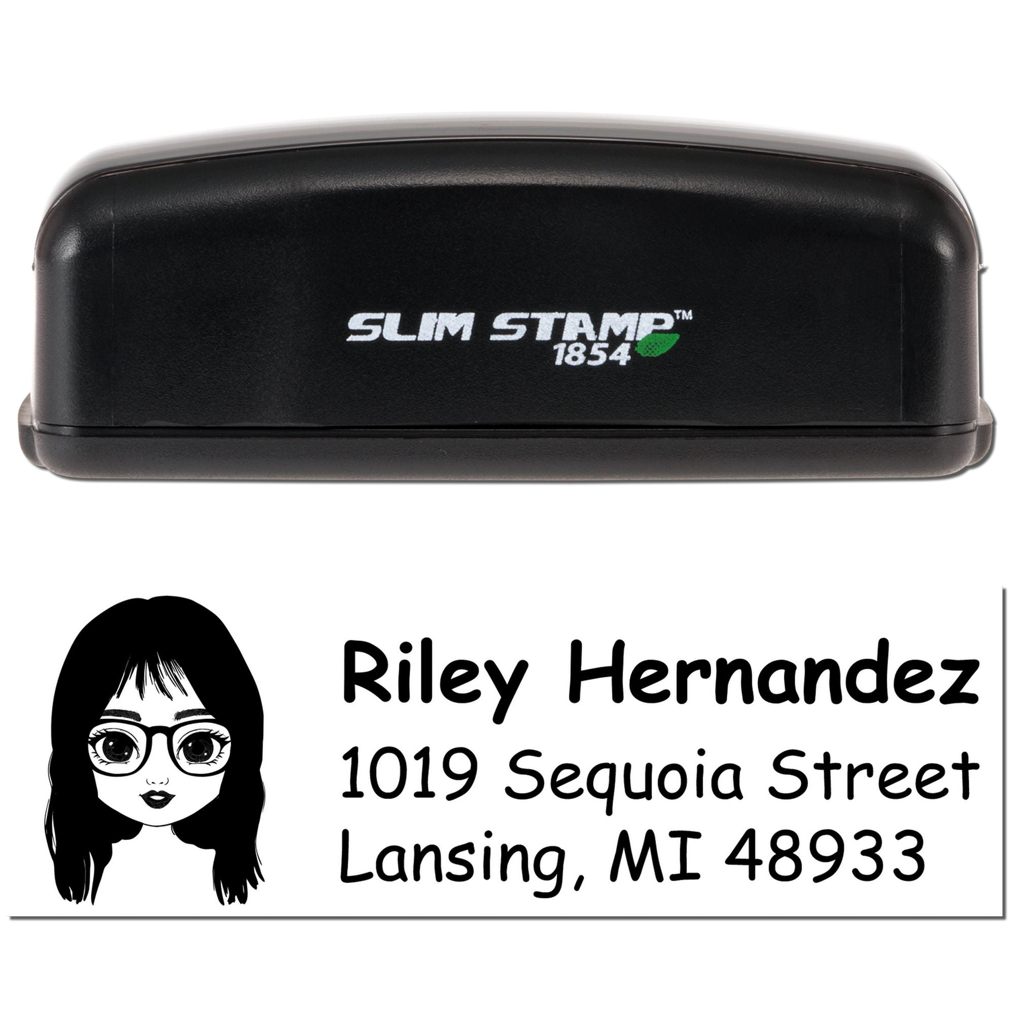 Slim Stamp 1854 self-inking rubber stamp and custom address imprint for Riley Hernandez, Lansing, MI 48933