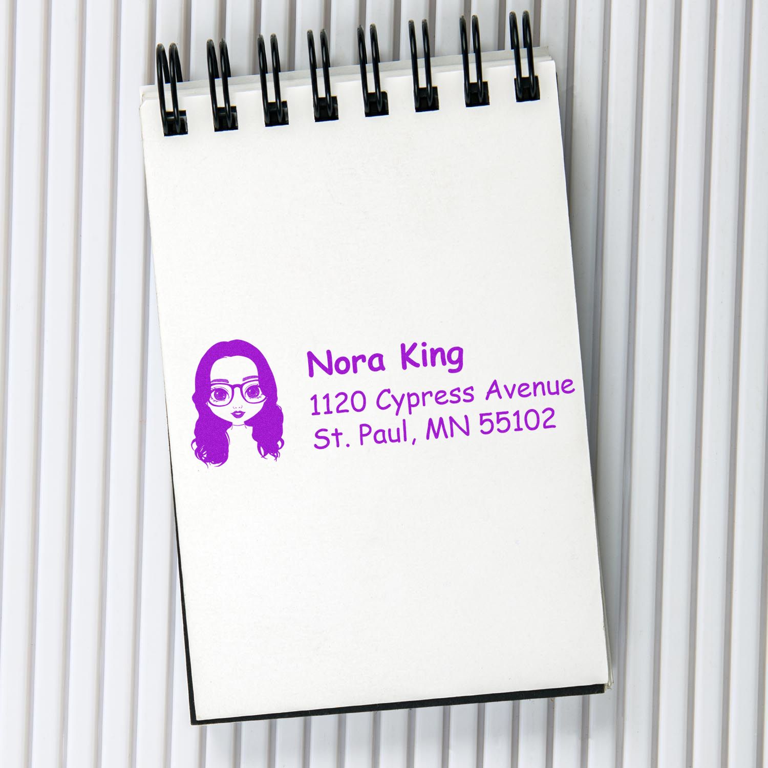 Personalized rubber return address stamp with avatar icon and name for mail, envelopes, and stationery.