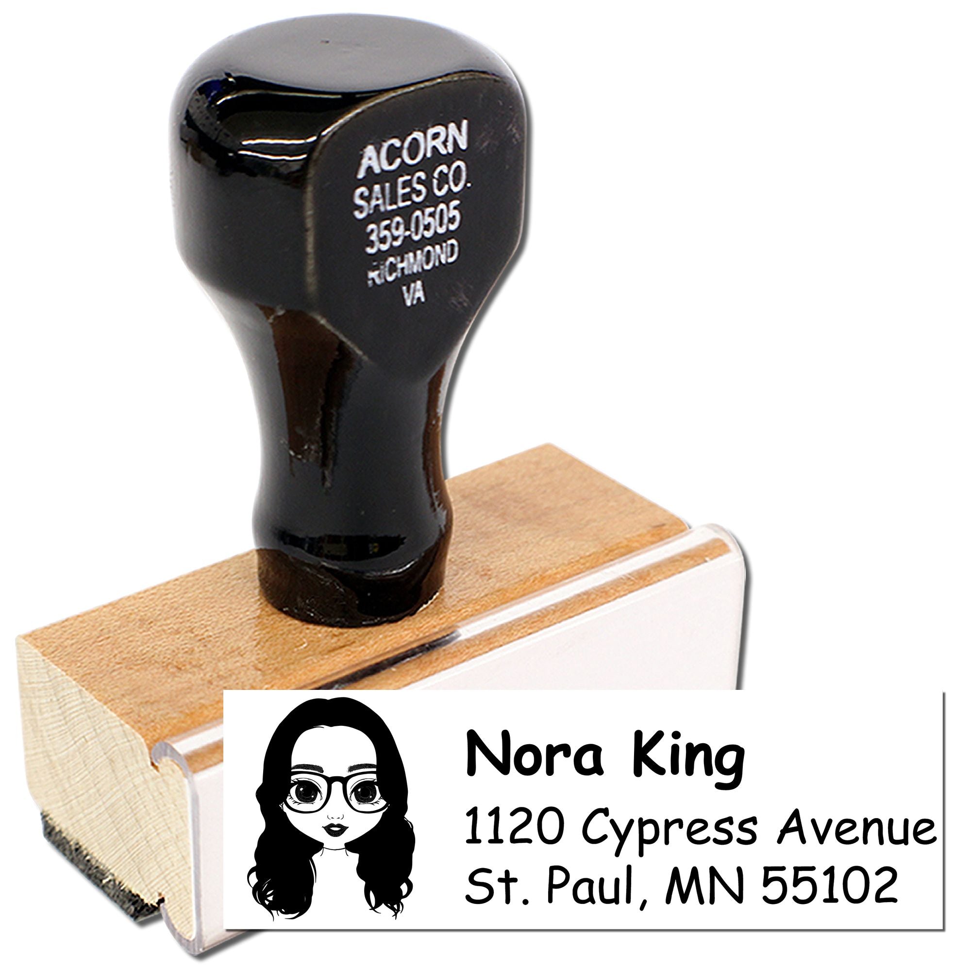 Custom wood handle rubber address stamp with Nora King mailing imprint and Acorn Sales Co. branding.
