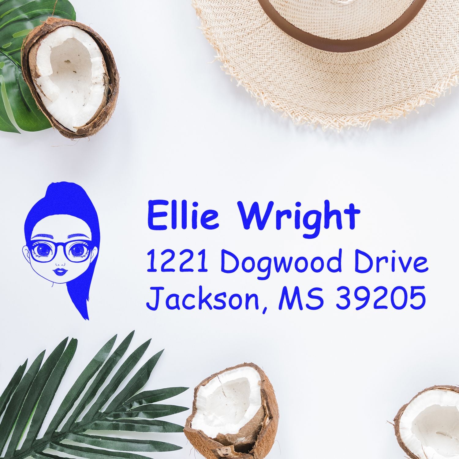 Custom return address rubber stamp with name and Jackson, MS address in blue ink for personalized mailing and packaging.