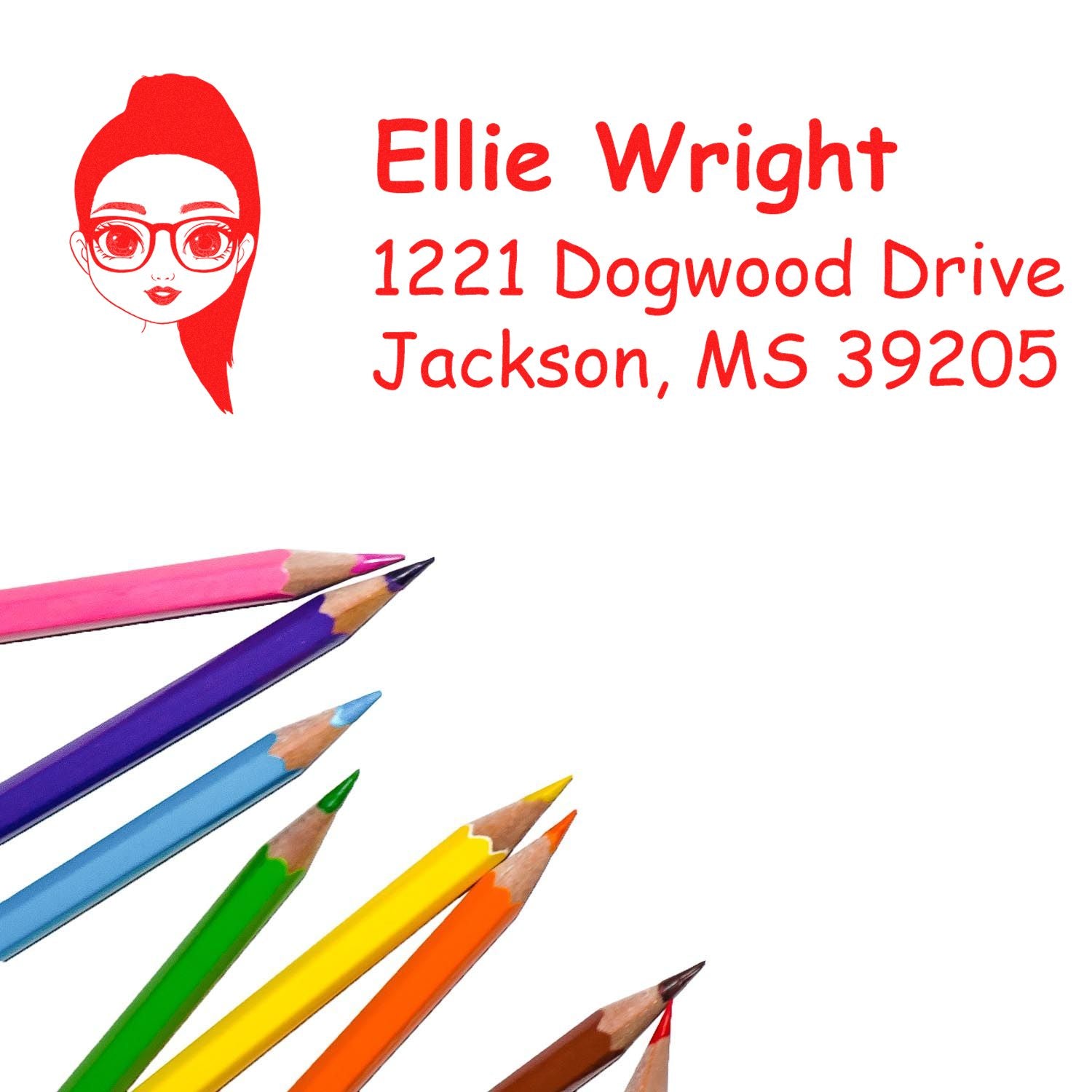 Custom rubber stamp with name and address, Ellie Wright, 1221 Dogwood Drive, Jackson, MS 39205, with colorful pencil design.