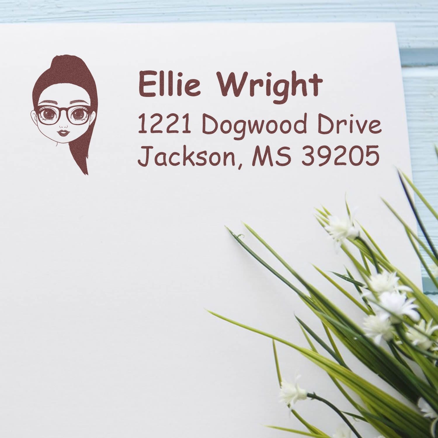 Custom address rubber stamp with woman avatar and name, ideal for personalized mailing, invitations, and wedding stationery.
