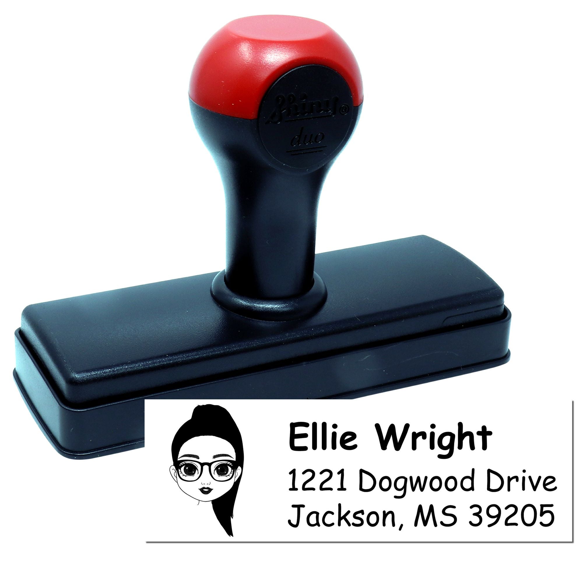 Custom self-inking rubber address stamp with personalized name and return address imprint