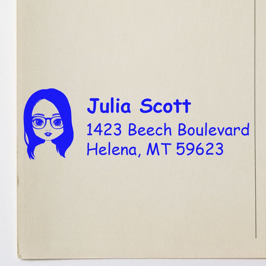 Custom return address rubber stamp with avatar icon for Julia Scott, 1423 Beech Boulevard, Helena, MT 59623.