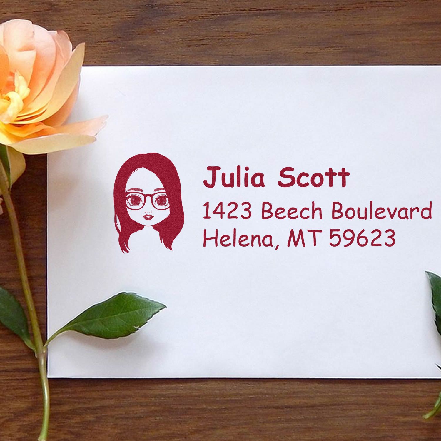 Personalized return address rubber stamp for Julia Scott, 1423 Beech Boulevard, Helena, MT 59623.