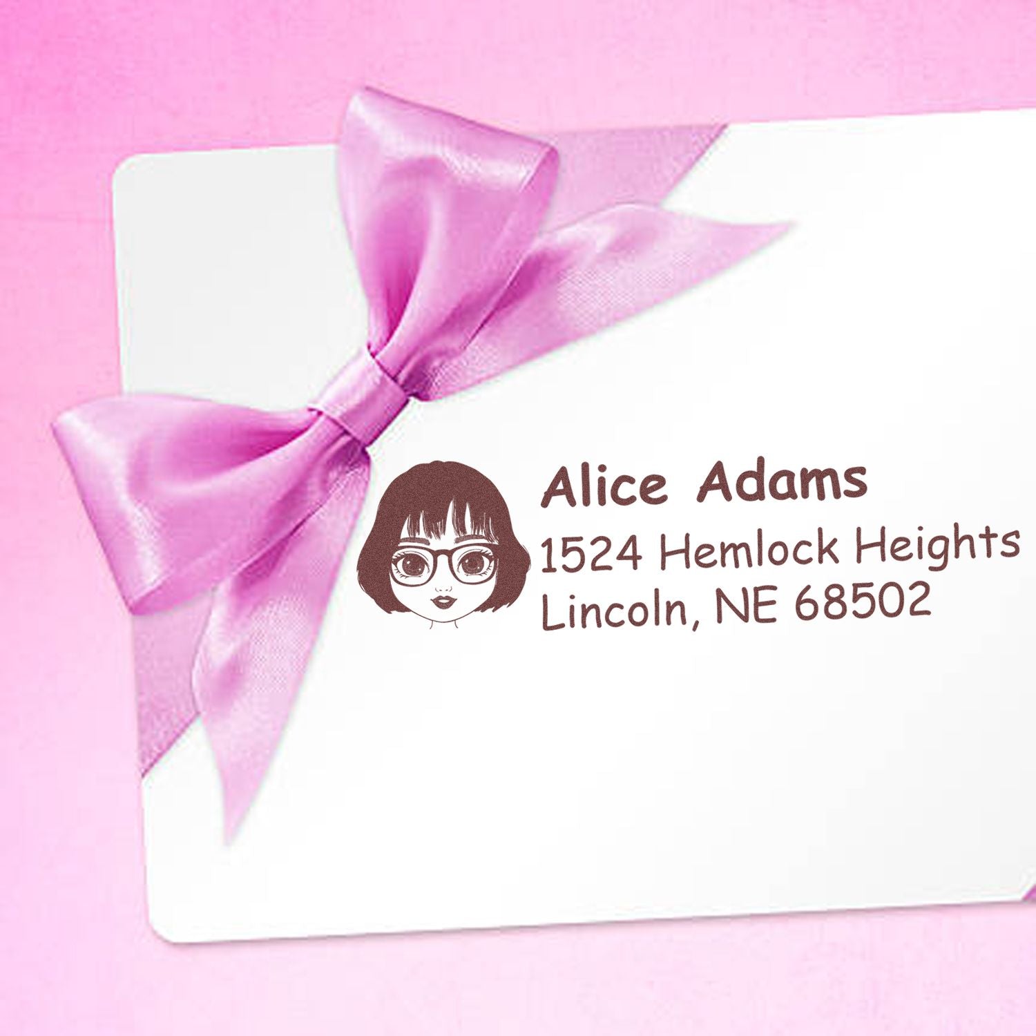 Custom return address rubber stamp with portrait icon and mailing address, ideal for envelopes and invitations.