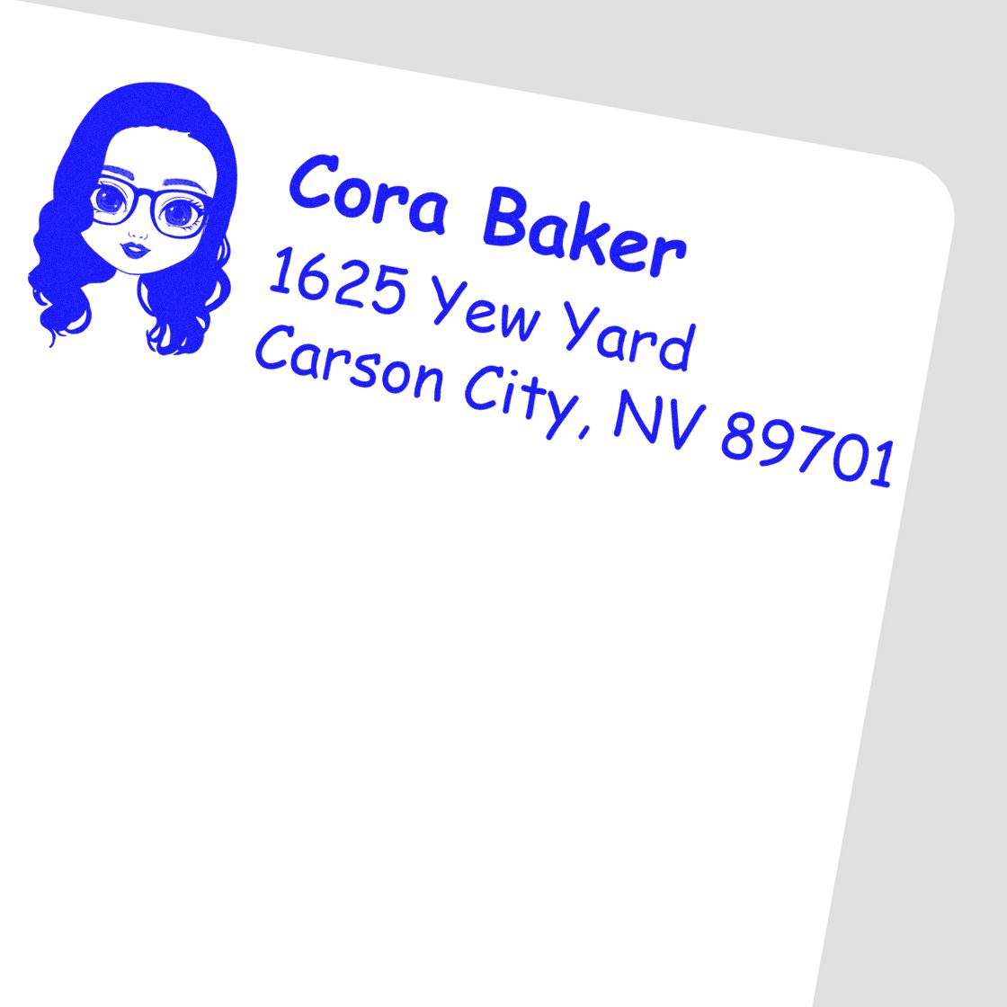 Personalized address rubber stamp with cartoon woman logo for Cora Baker, 1625 Yew Yard, Carson City, NV 89701