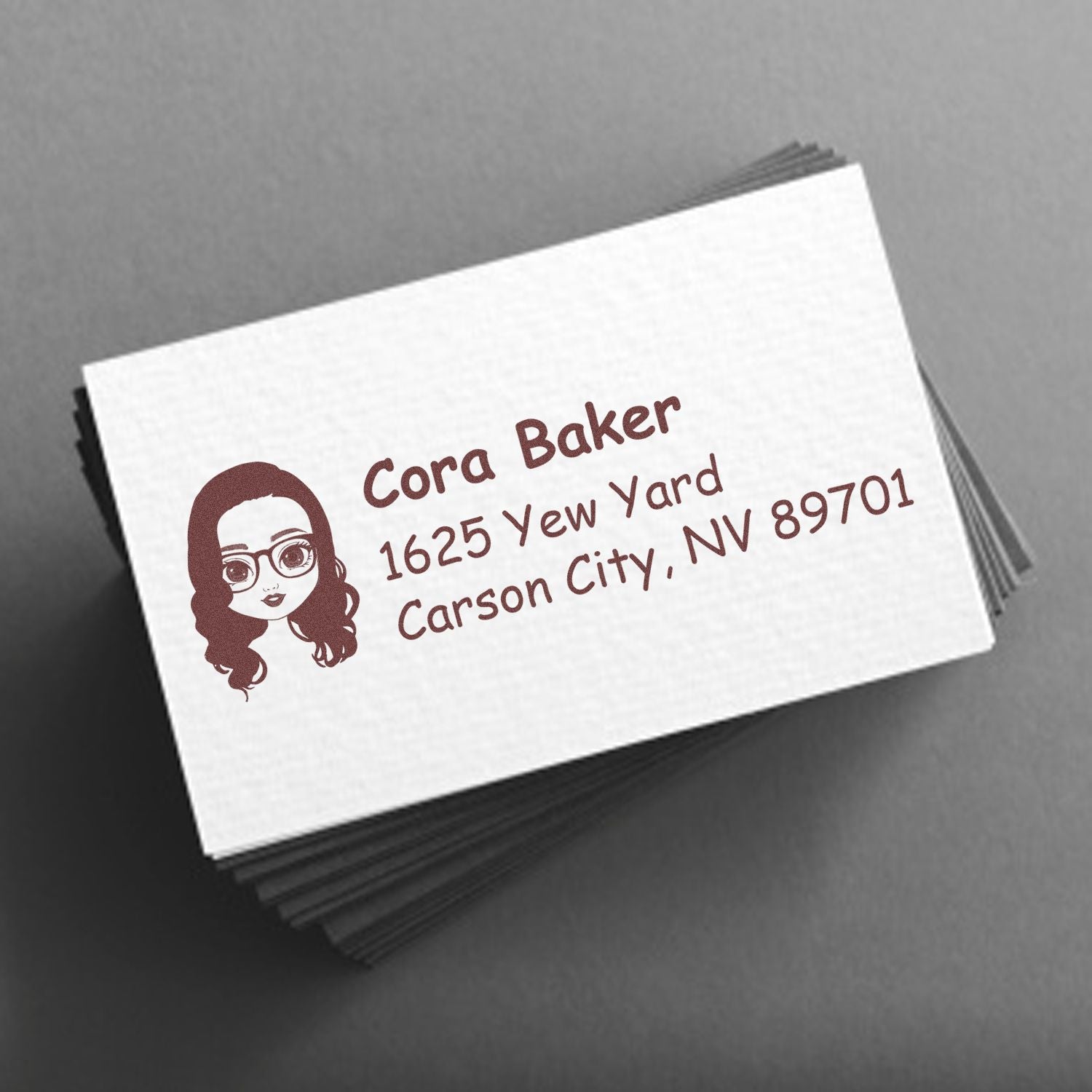 Custom return address rubber stamp with female avatar and Cora Baker address for personalized mailing cards.