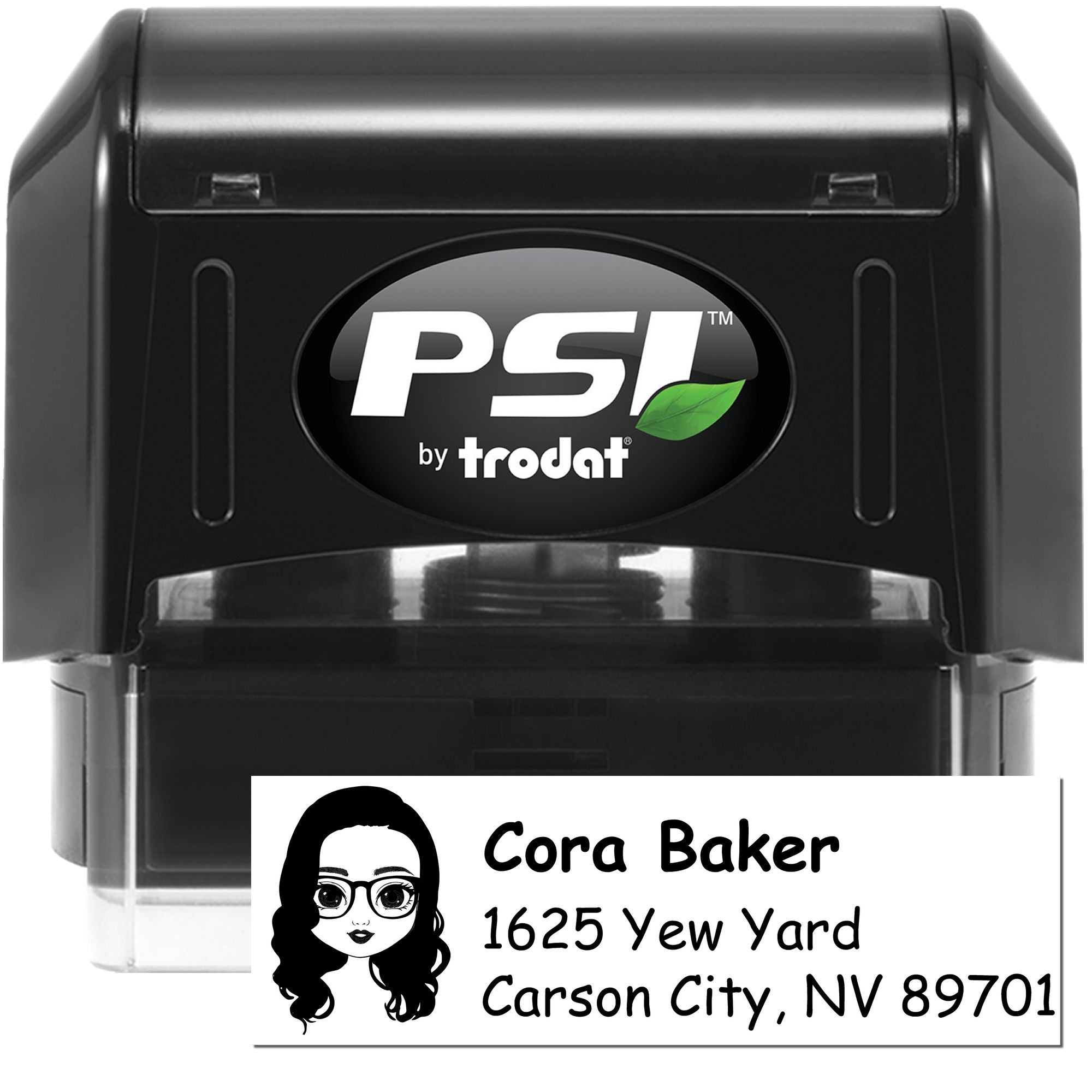 PSI by Trodat custom self-inking address rubber stamp with name, avatar, and Carson City mailing imprint.