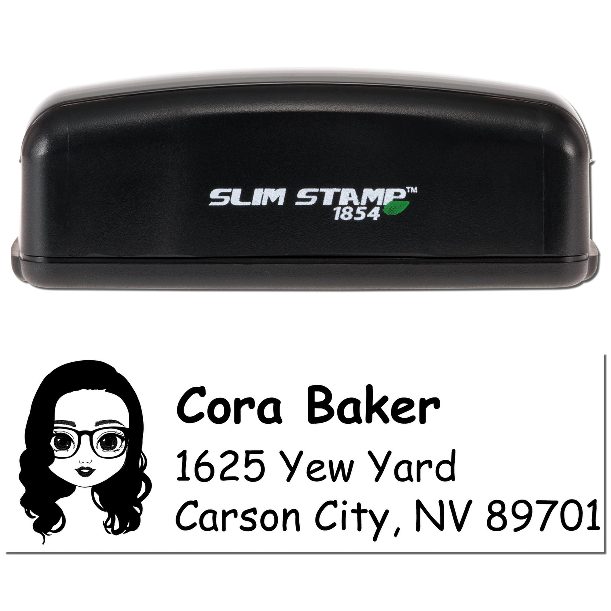 Slim Stamp 1854 custom self-inking rubber address stamp with name, avatar, and Carson City, NV return address.