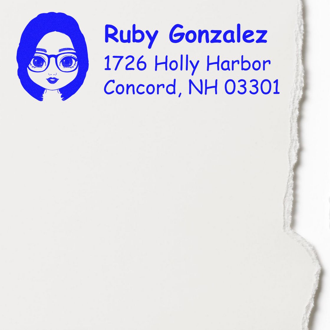 Personalized custom rubber stamp with blue avatar and return address for Ruby Gonzalez, Concord, NH 03301