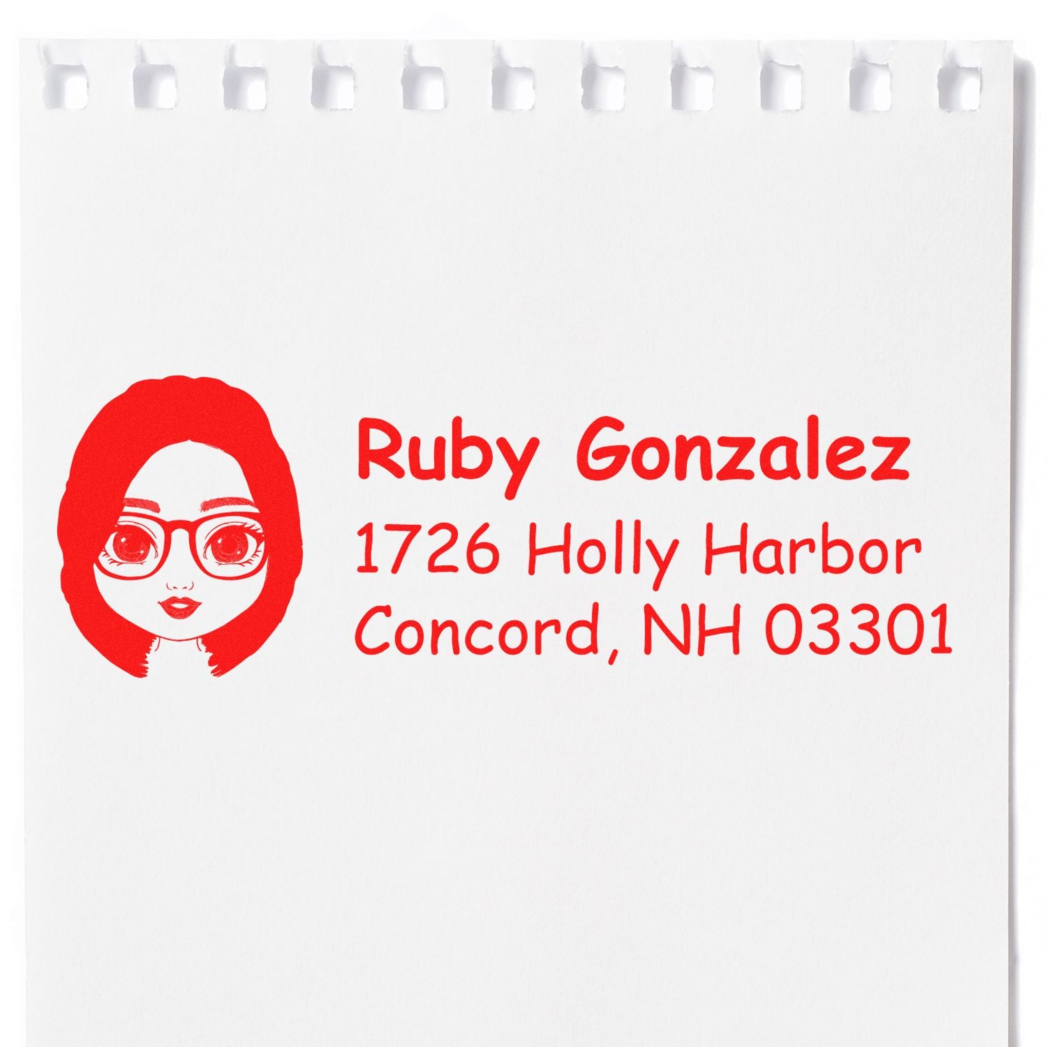 Custom address rubber stamp with red avatar logo for Ruby Gonzalez, 1726 Holly Harbor, Concord, NH 03301.