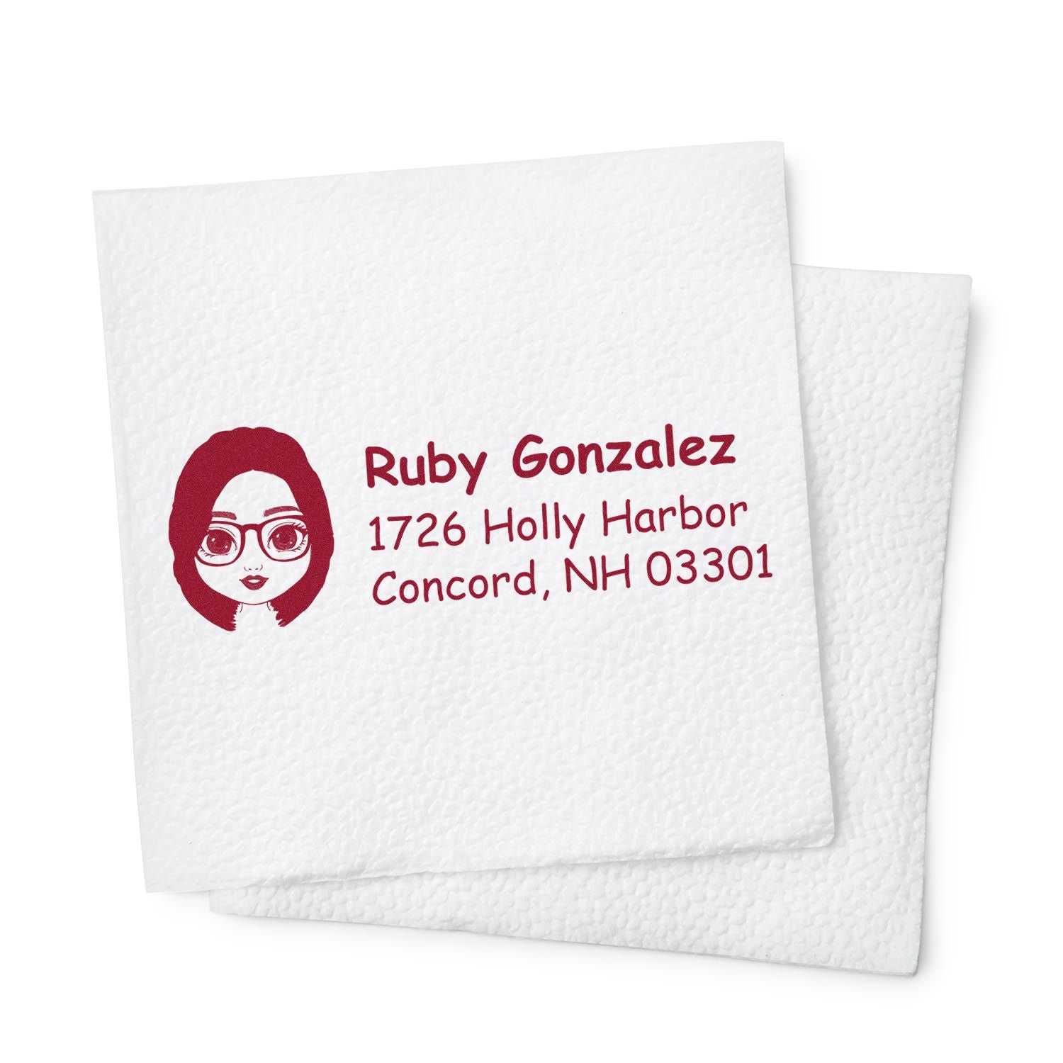 Personalized rubber address stamp with avatar and custom name and address for envelopes and mailings.