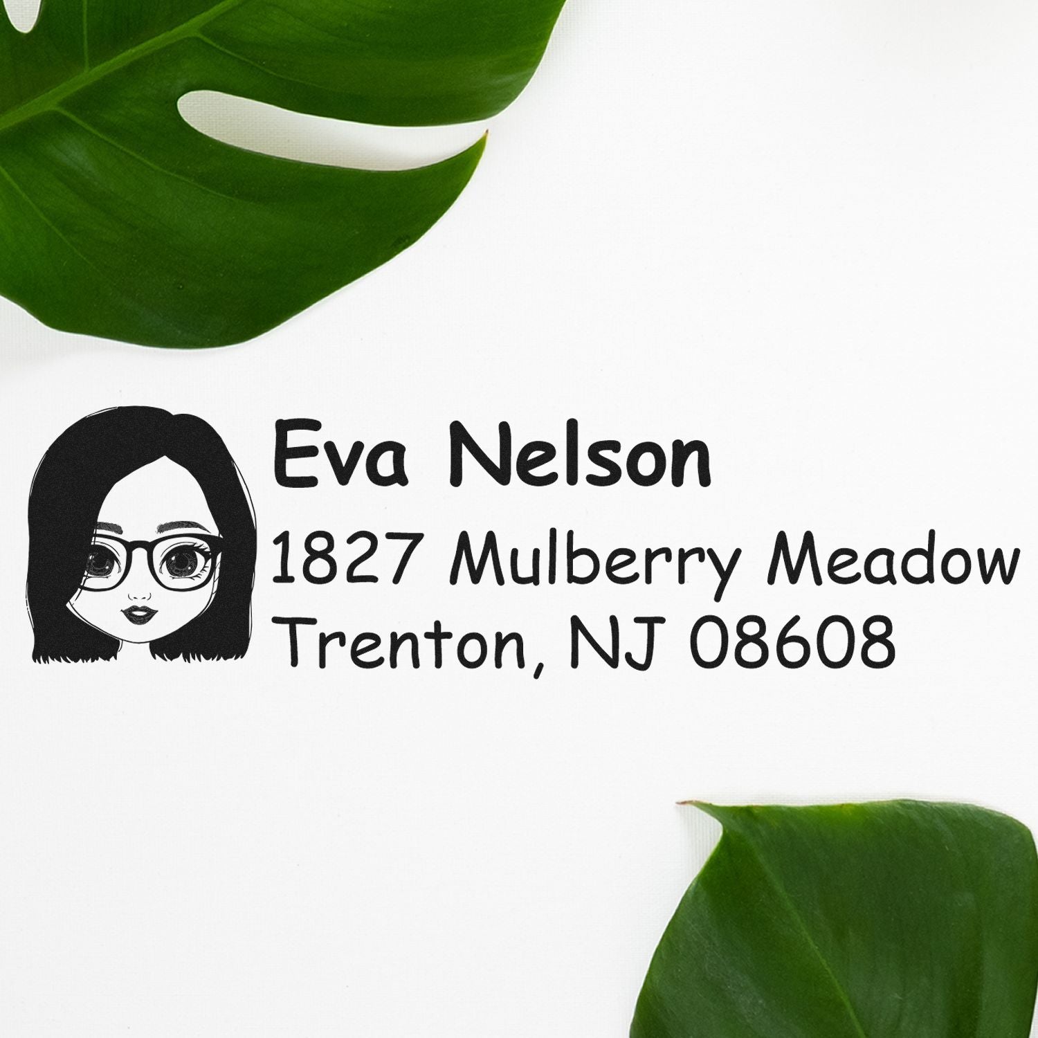 Personalized return address rubber stamp with avatar for Eva Nelson, Trenton, NJ 08608.