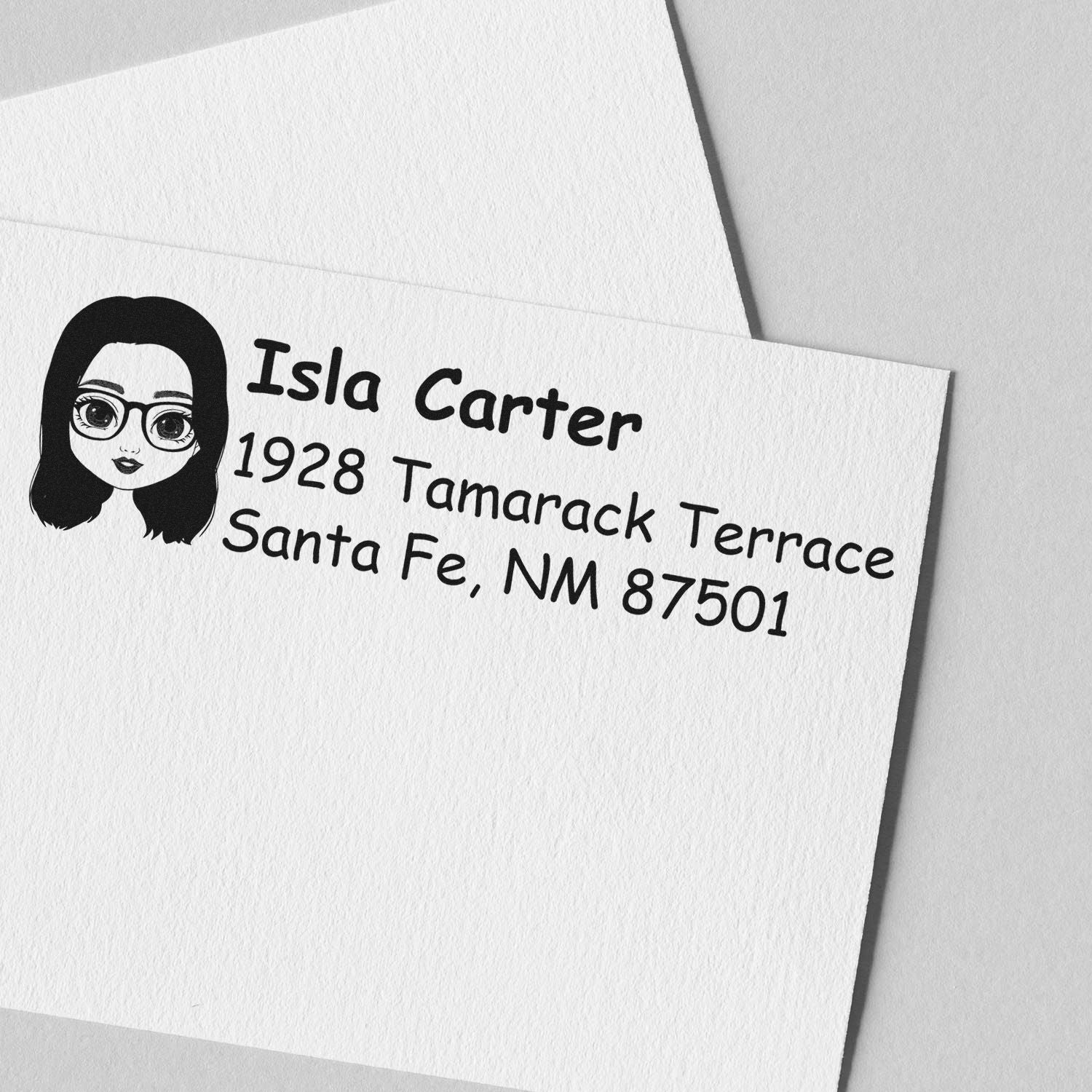 Personalized return address rubber stamp with avatar, Isla Carter, 1928 Tamarack Terrace, Santa Fe, NM 87501.