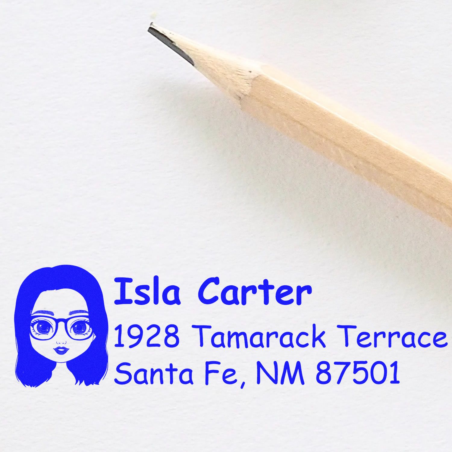 Custom return address rubber stamp proof with illustrated avatar, blue text, and Santa Fe, NM address.