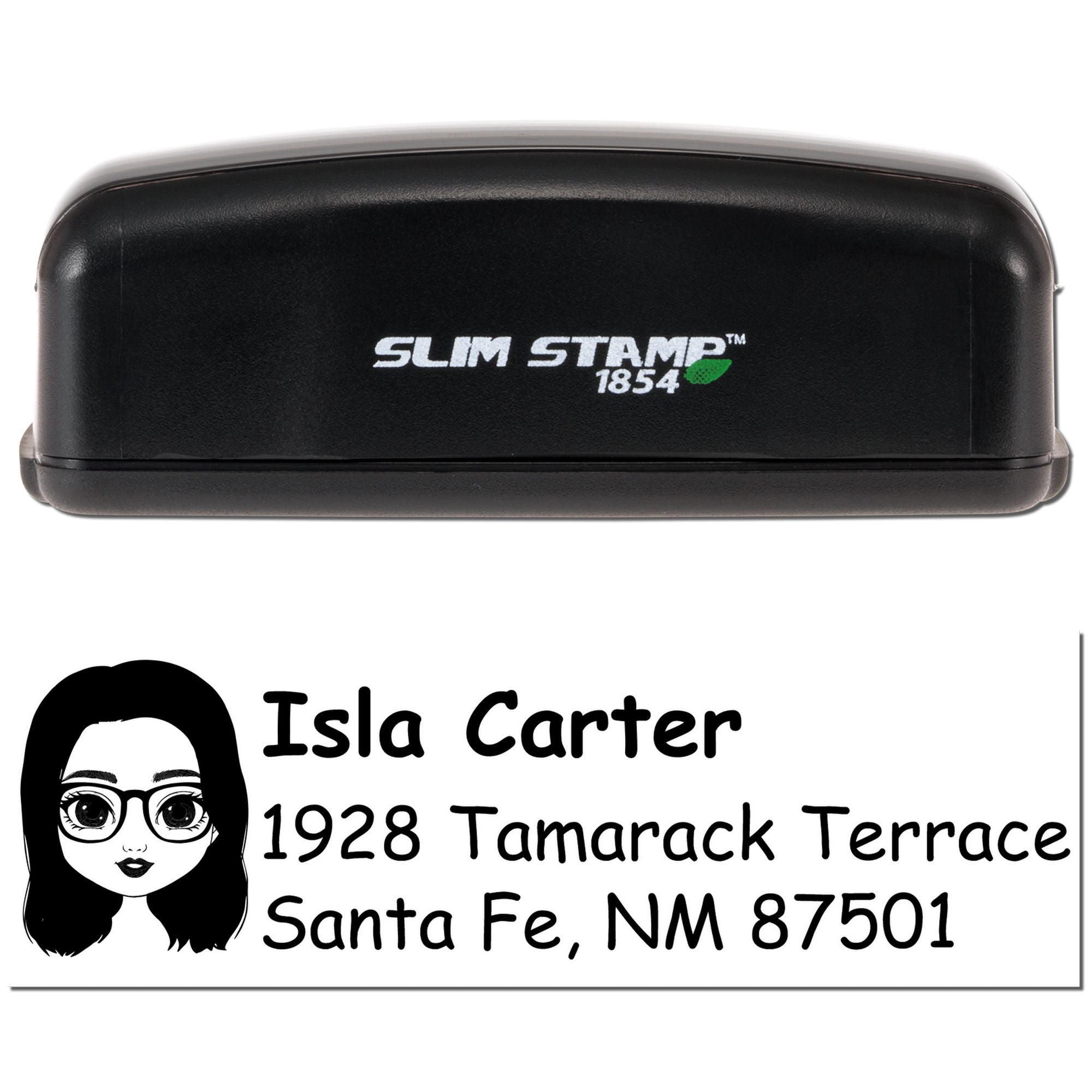 Slim Stamp 1854 personalized return address rubber stamp for Isla Carter, Santa Fe, NM 87501 with portrait icon