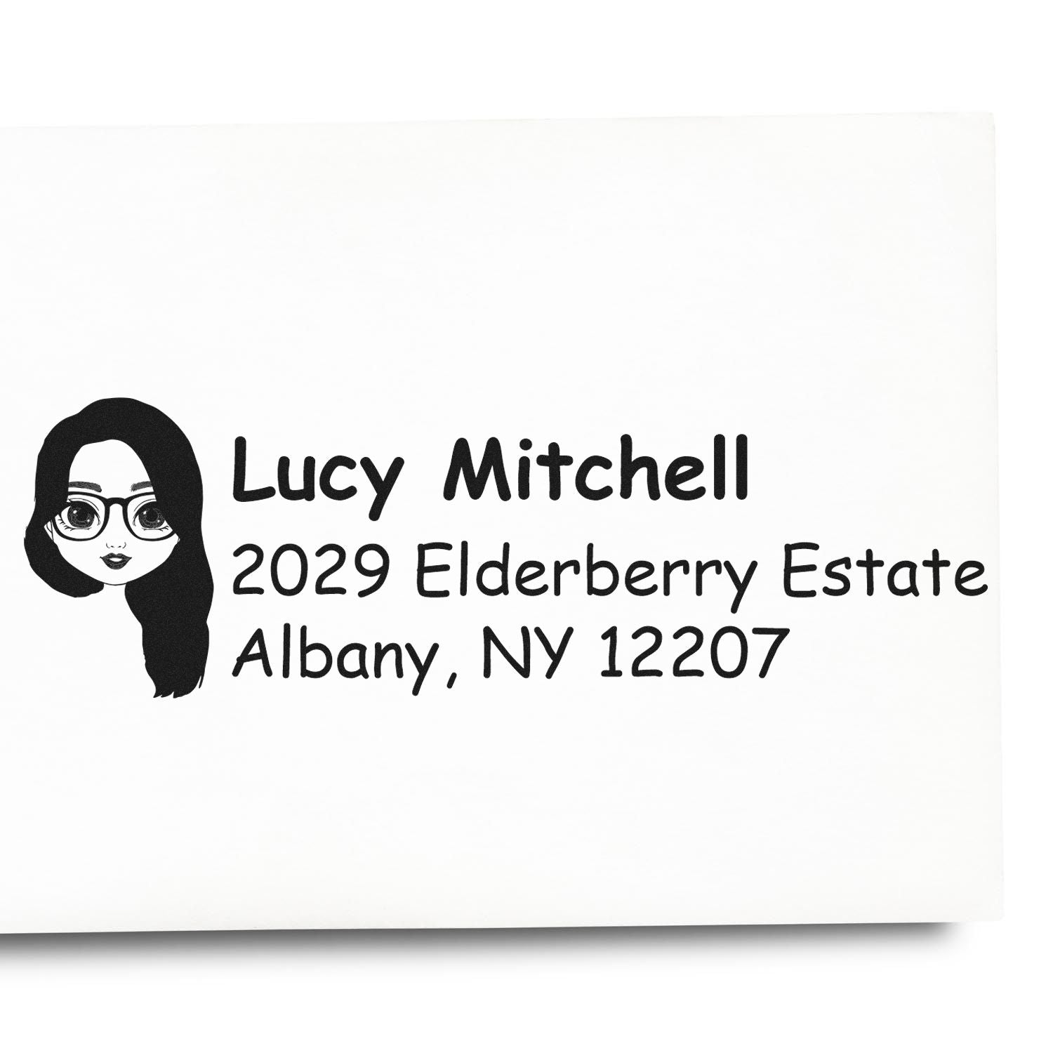 Personalized return address rubber stamp with female avatar, Lucy Mitchell, 2029 Elderberry Estate, Albany, NY 12207.