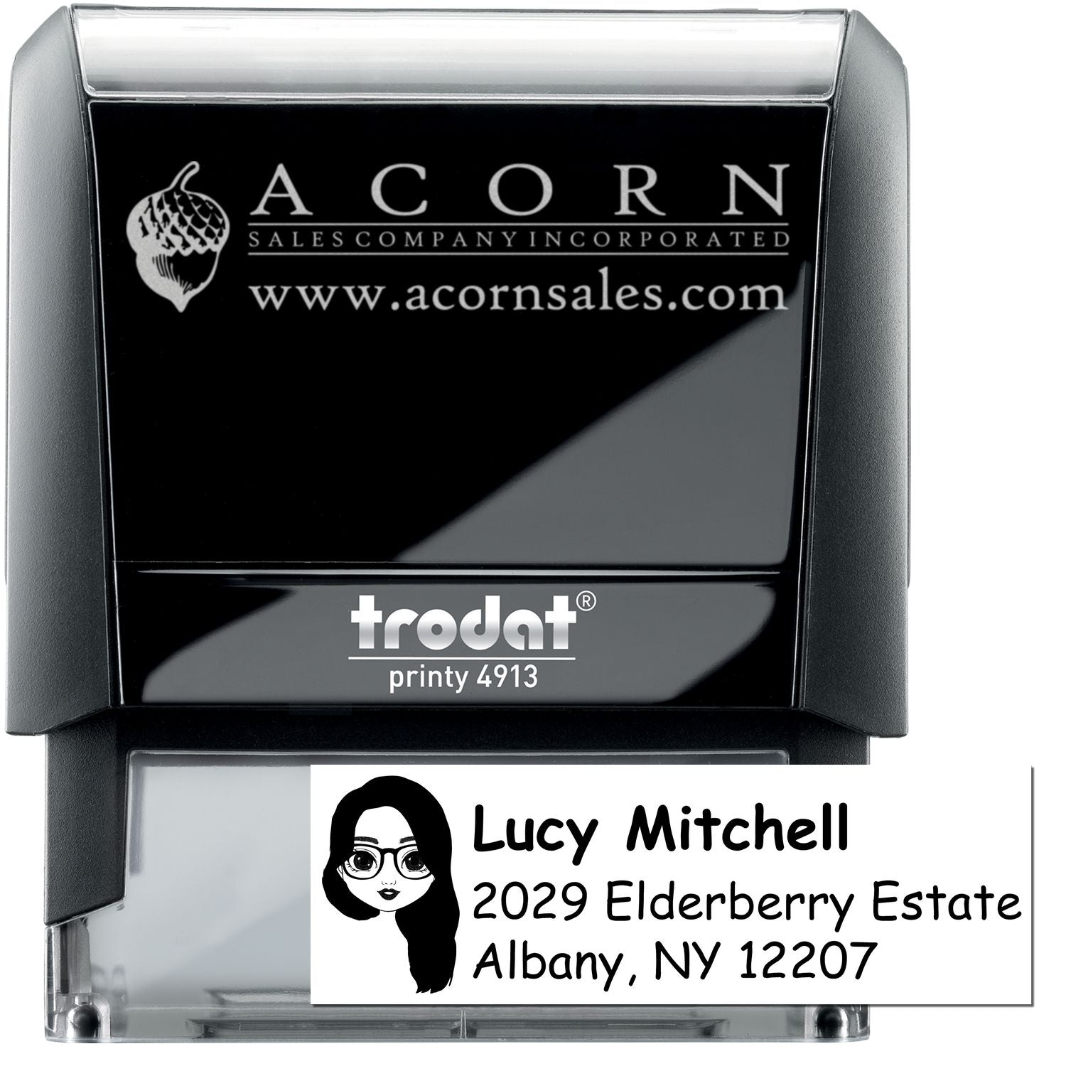 Custom self-inking rubber address stamp for Lucy Mitchell, Albany NY, with Trodat Printy 4913 branding.