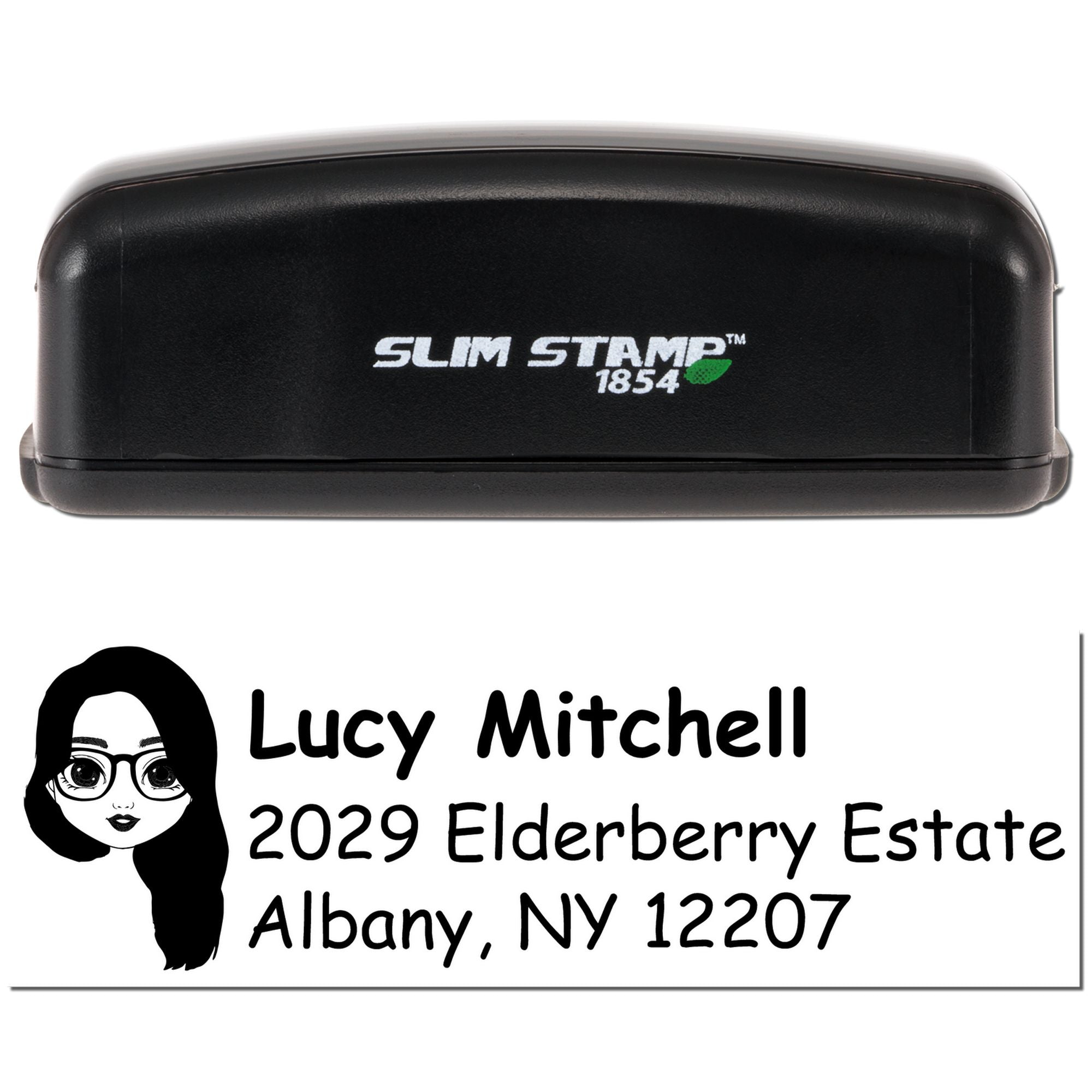 Slim Stamp 1854 custom return address rubber stamp with name, estate address, and avatar design sample