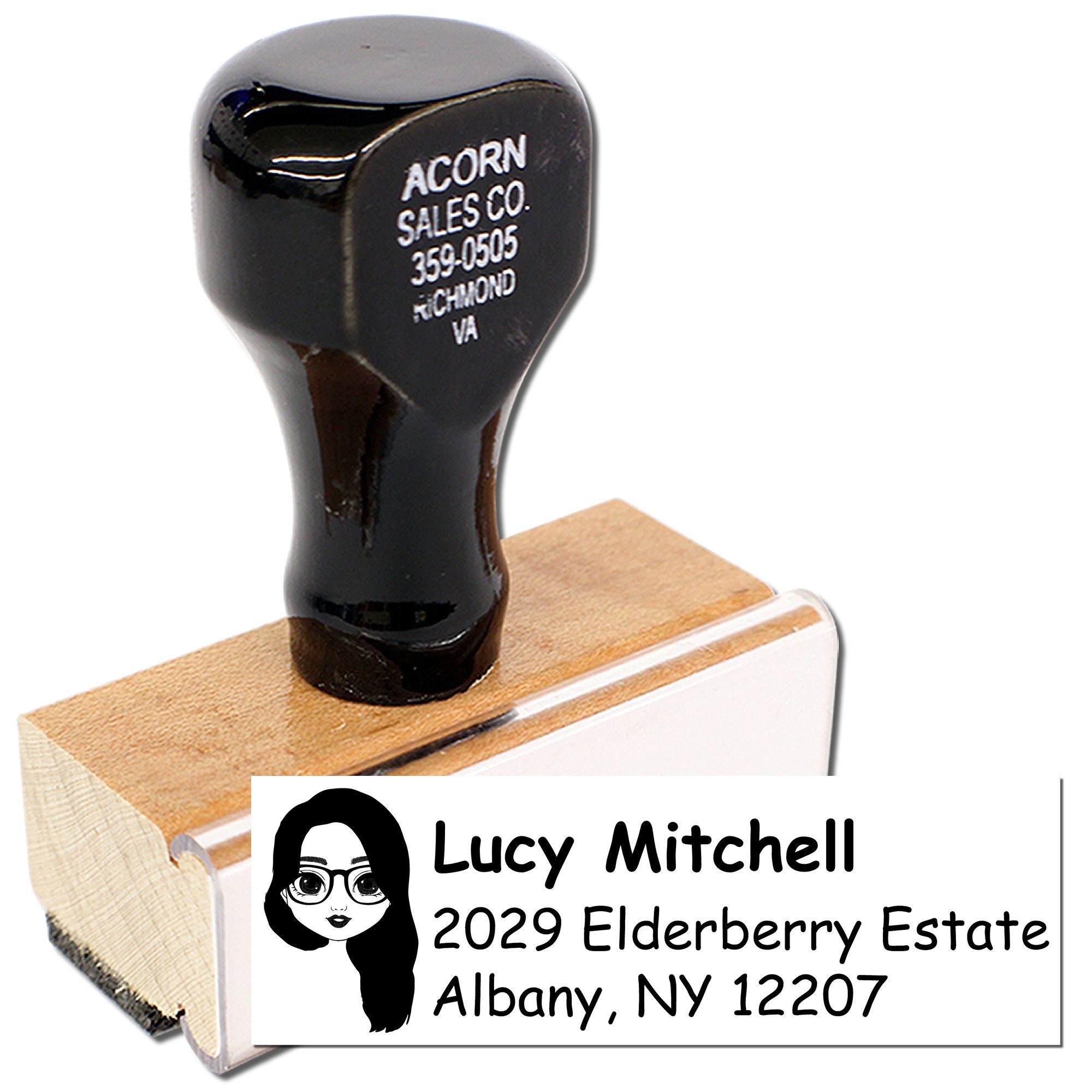 Custom self-inking rubber address stamp for personalized return addresses, featuring name, logo, and mailing details.