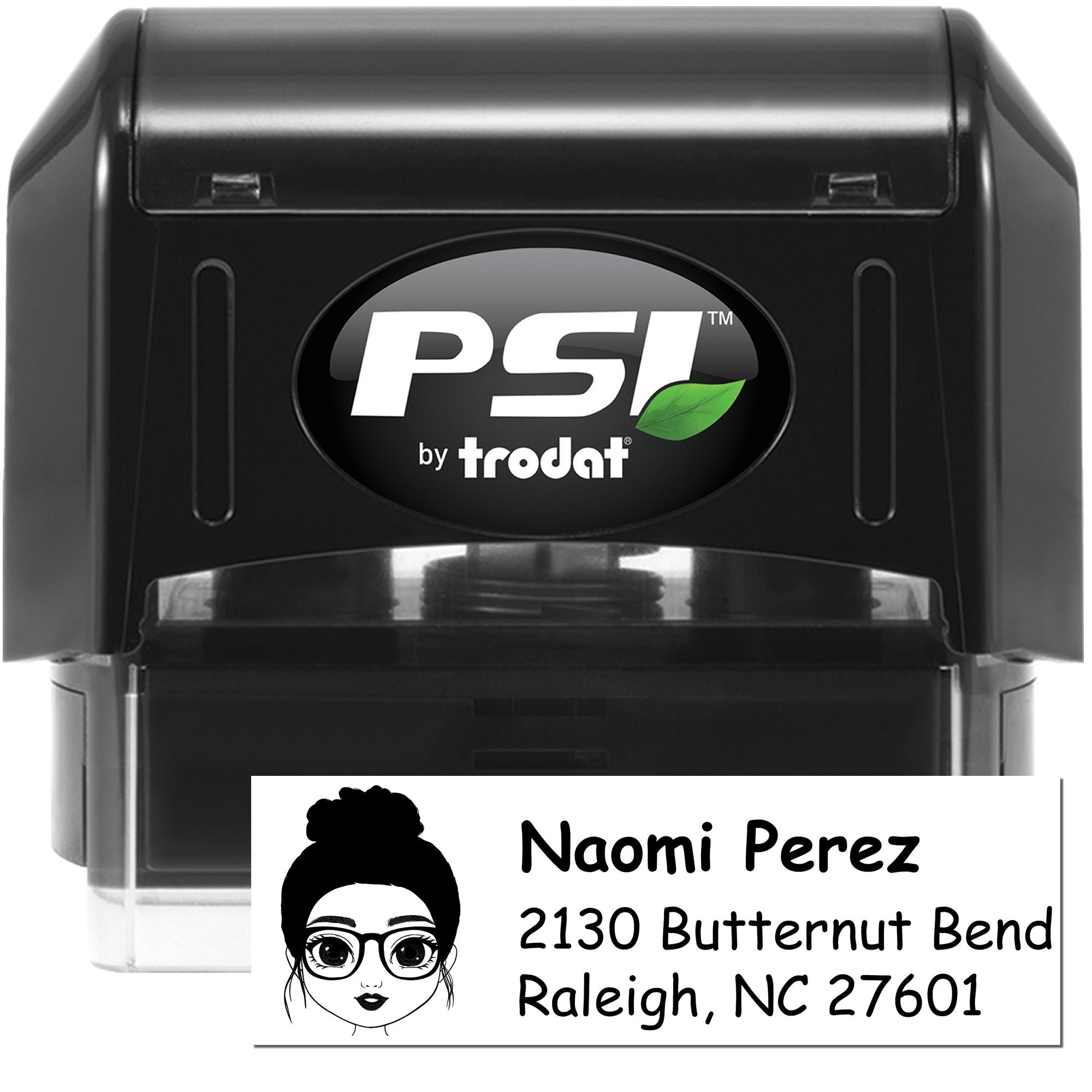 Personalized PSI by Trodat self-inking address rubber stamp for Naomi Perez, 2130 Butternut Bend, Raleigh, NC 27601.