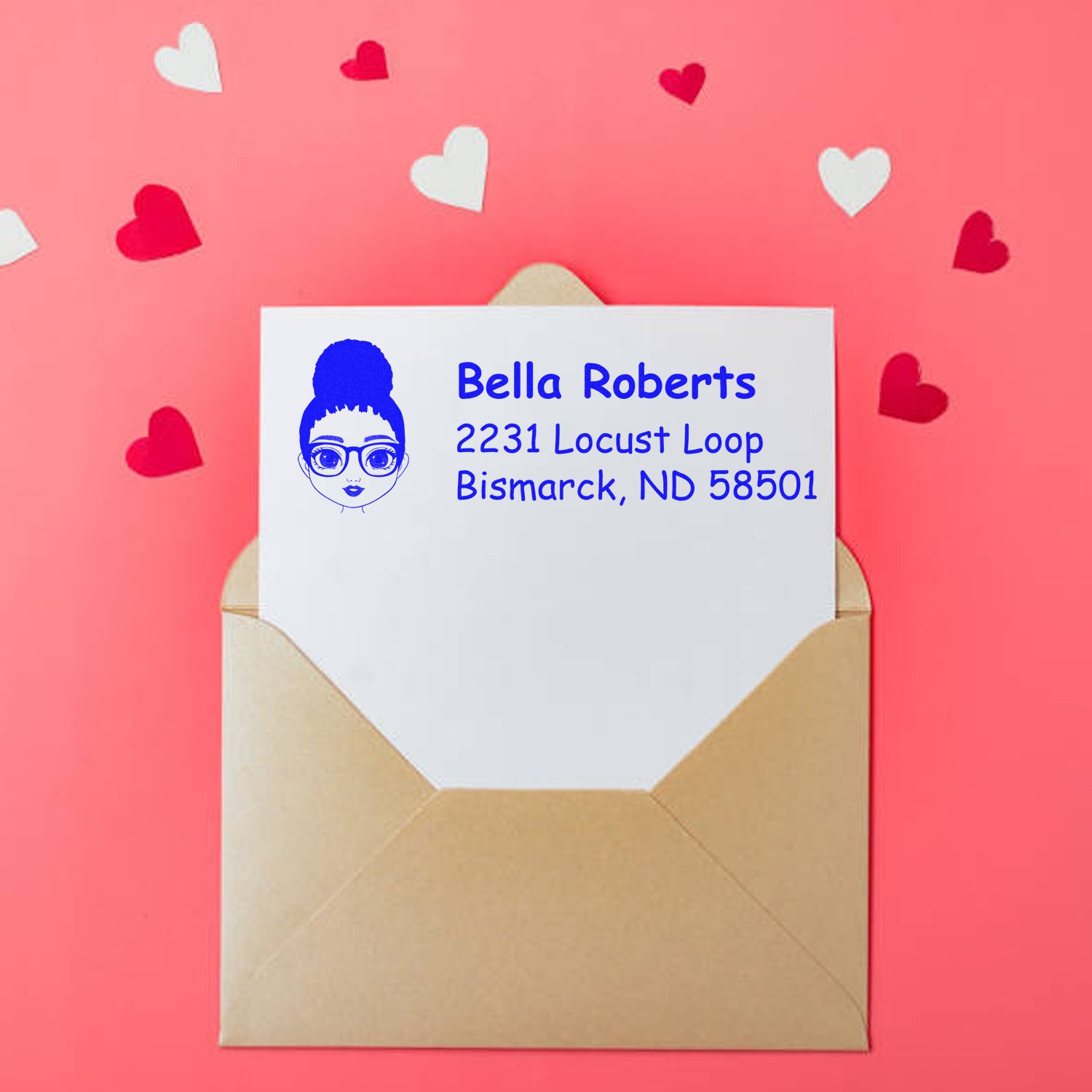 Custom return address rubber stamp on envelope with hearts, perfect for personalized mail and wedding stationery.